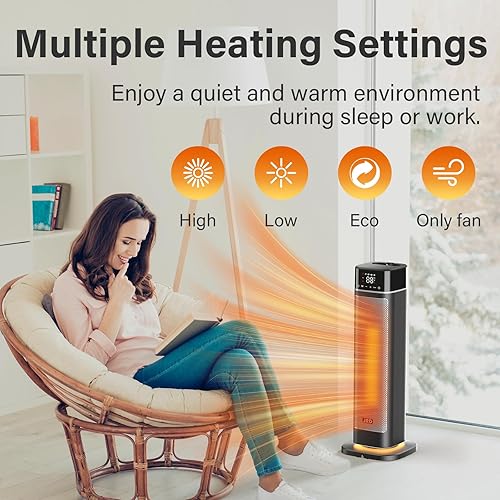 Miniatura 5 de JRD - Calentador de espacio de 24 pulgadas, calentador eléctrico portátil de calentamiento rápido con control remoto, luz nocturna, oscilación de