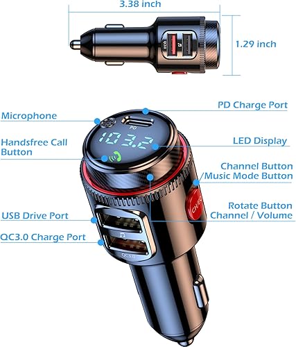 Miniatura 8 de LIHAN Adaptador de coche Bluetooth 5.4, transmisor FM AUX inalámbrico, USB C y QC3.0 carga rápida dual, encendedor de cigarrillos Radio Música,