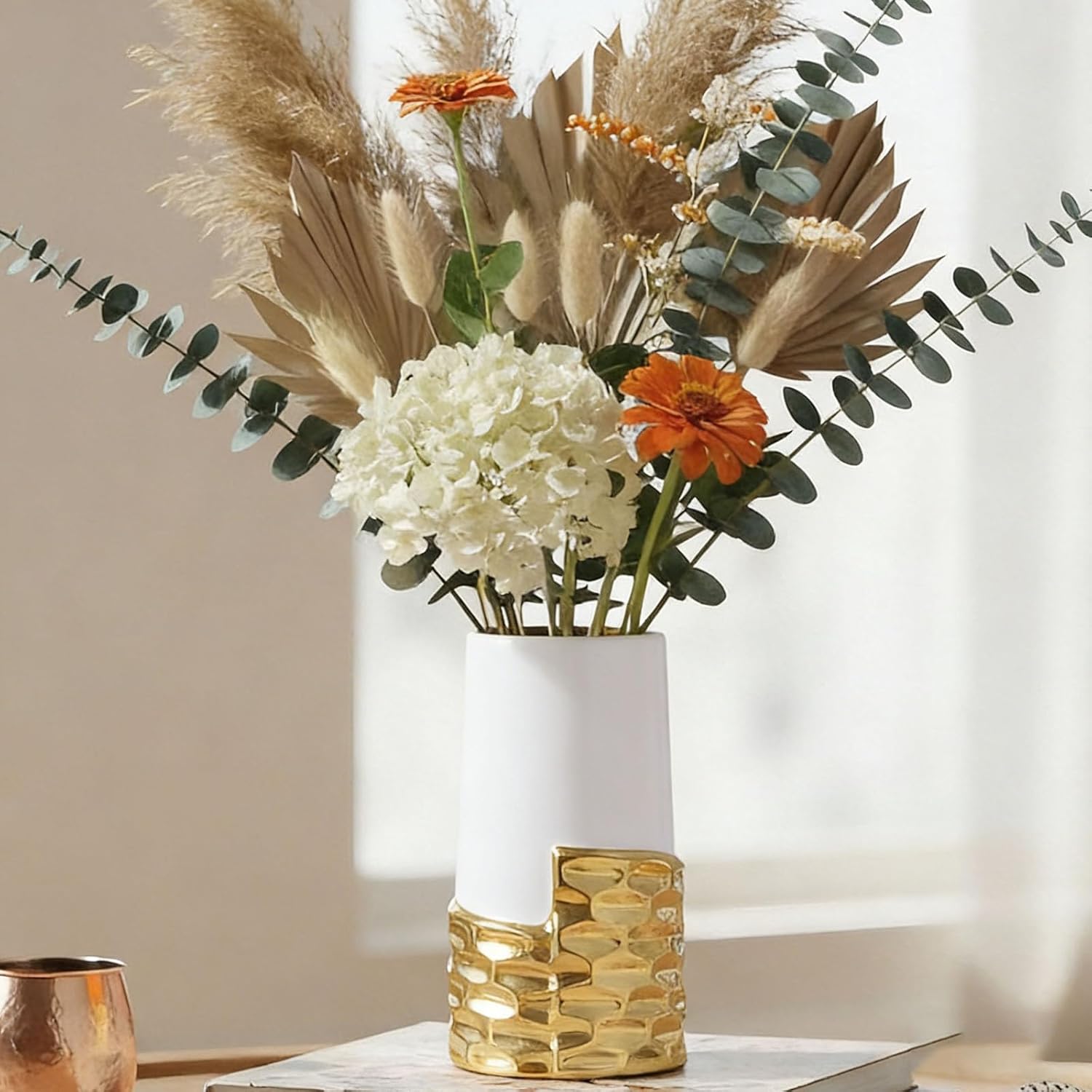 Gold Ceramic Art Deco Vase for Pampas Grass Decorative-Decorative Statue for Home Decor,Elegant Centerpiece Vase for Thanksgiving/Fall Flowers,Cute MCM for Living Room/Office (7.08in Tall) (White)