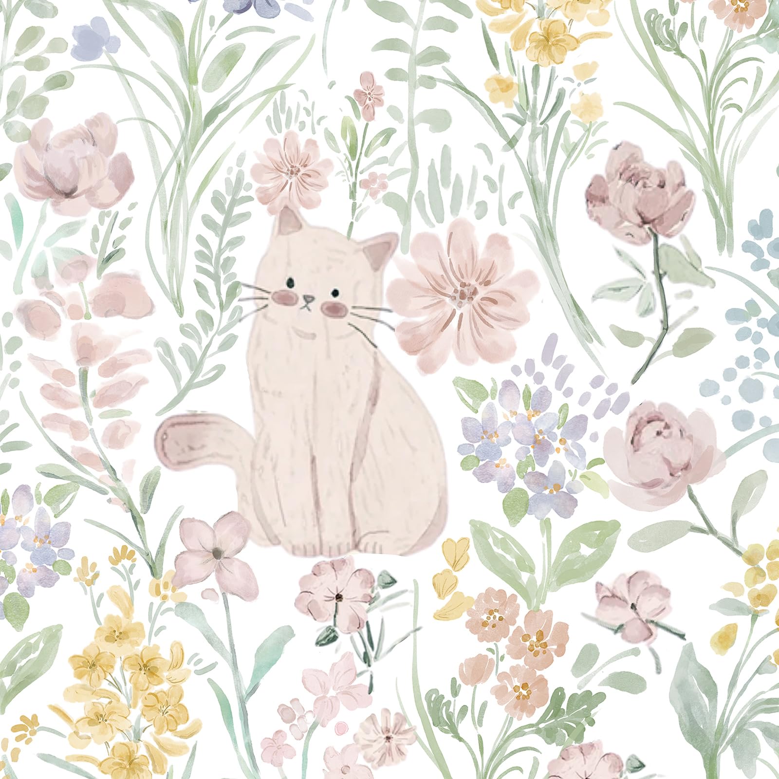 Yomshi Peel and Stick Wallpaper Lovely Retro Wall Paper Roll 44 x 1000 cm Pink Cat and Floral Vinyl Wallpaper Contact Paper for Cabinet Table Wall Bedroom Upgrade Removable Easy to Install