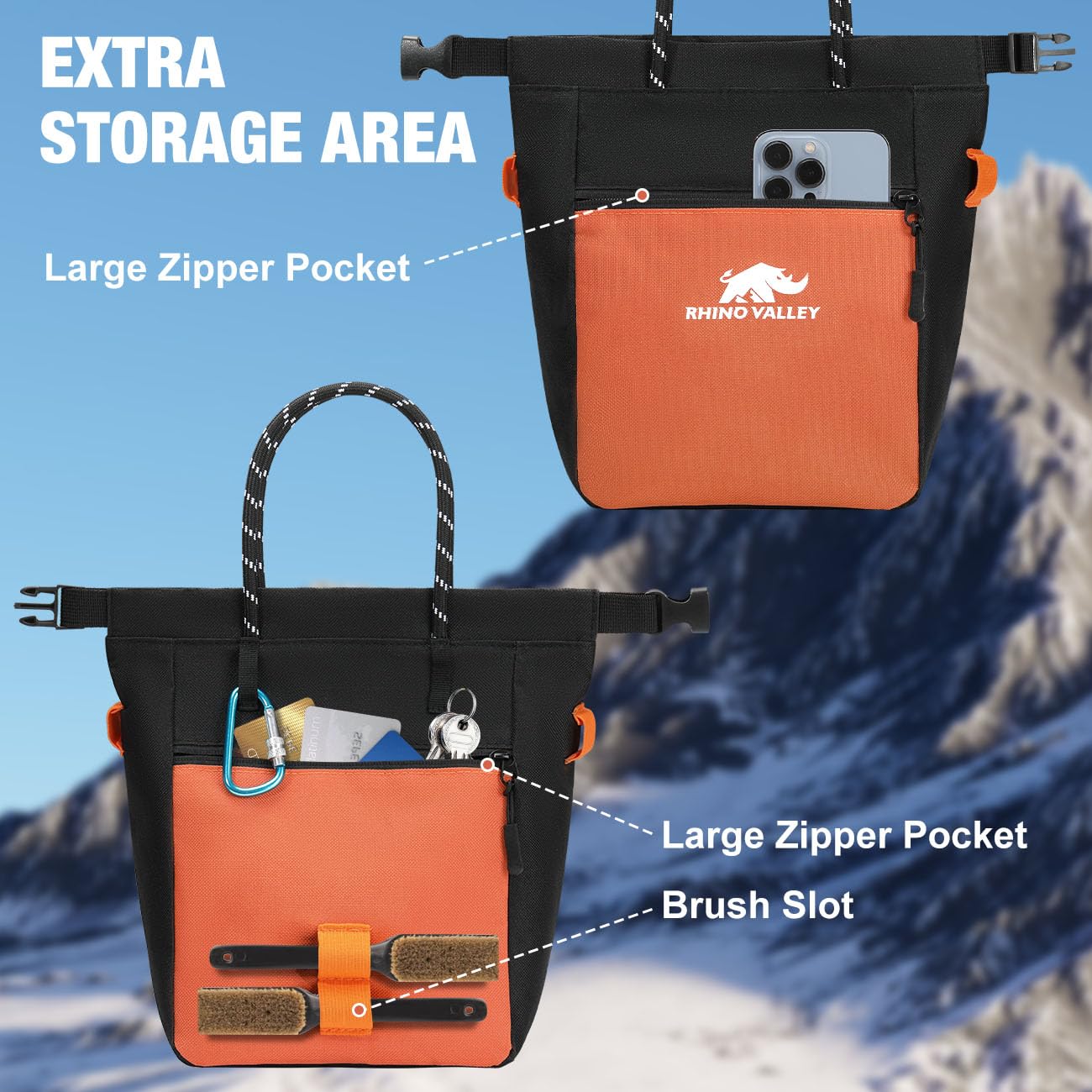 Rhino Valley Torba na Magnezję do Wspinaczki i Boulderingu (Chalk Bag)–Paskiem Regulowanym, Kieszeń na Zamek, Szerokie Otwarcie, Torba na Kredę Boulder, Gimnastyki i Fitness, Czarny/Pomarańczowy