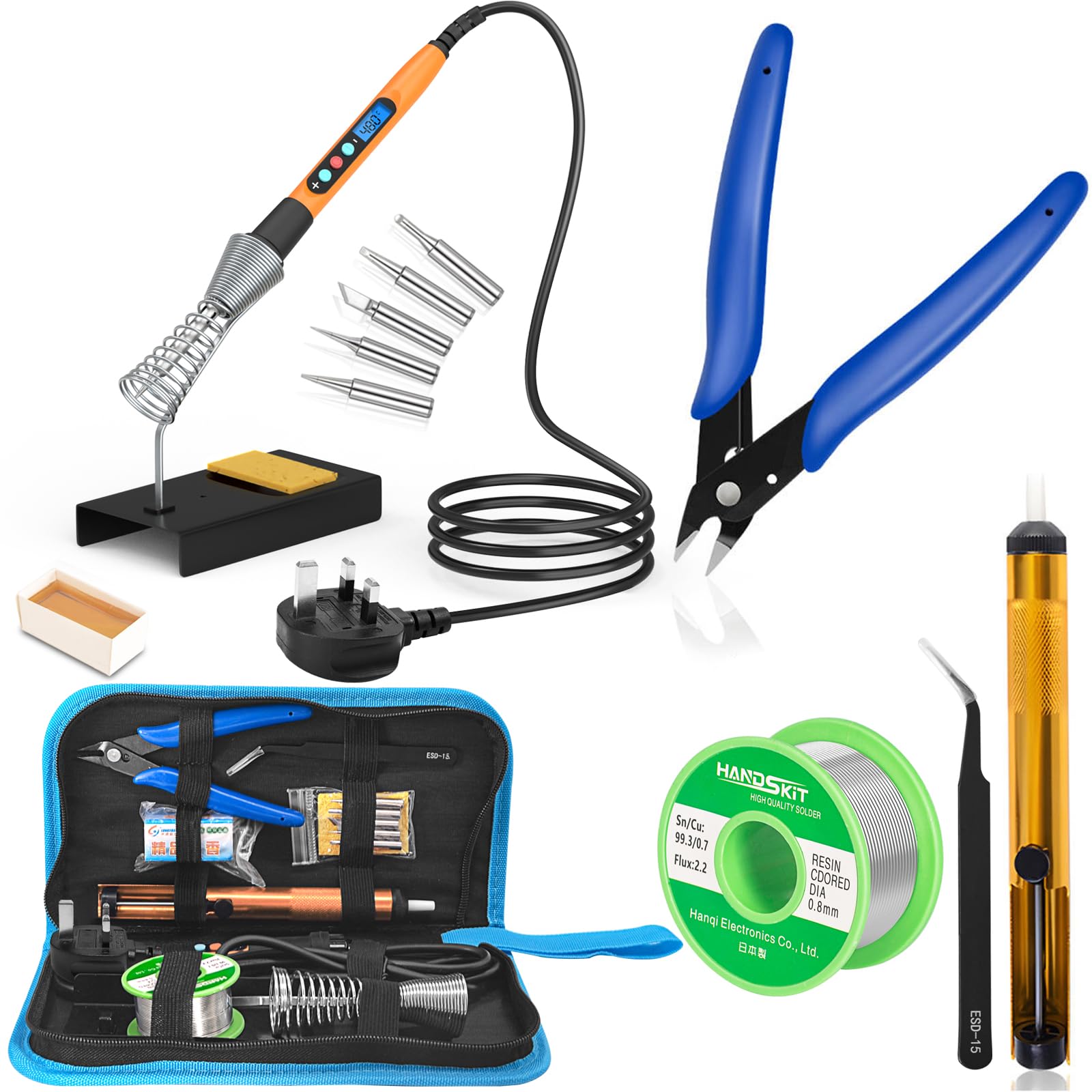 HANDSKIT Soldering Iron Kit with Solder, 90W Adjustable Temperature Soldering Kit with LCD, 5 Soldering Tips, Desoldering Pump, Solder Wire, Soldering Iron Stand, Tweezers