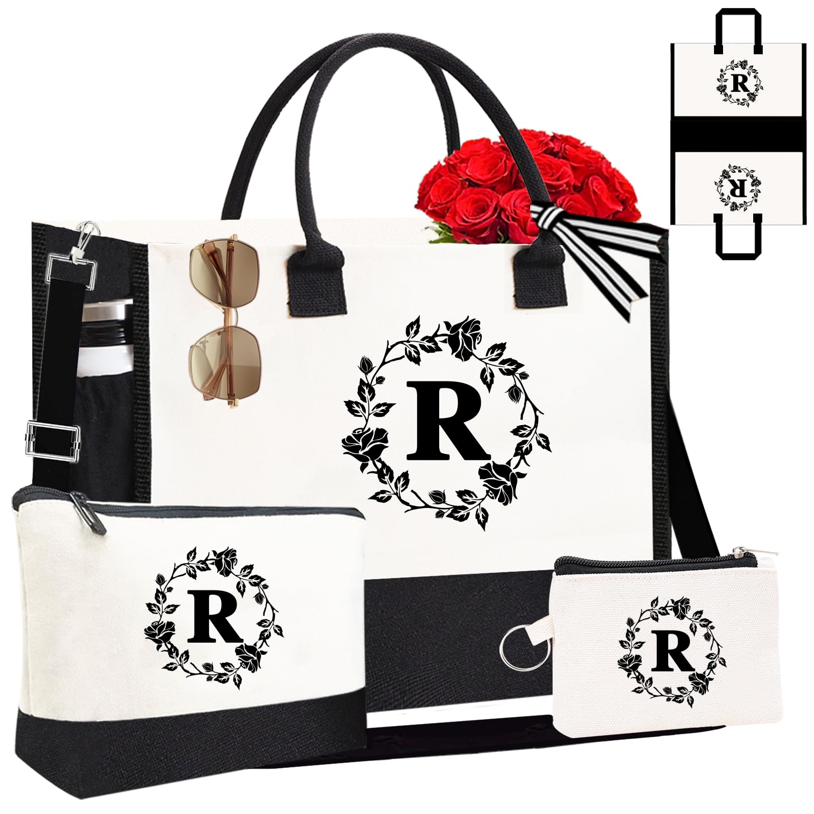 Adoryoung Monogram Personalized Initial Canvas Tote Bags, Double-sided Embroidery Tote Beach Bags Gifts