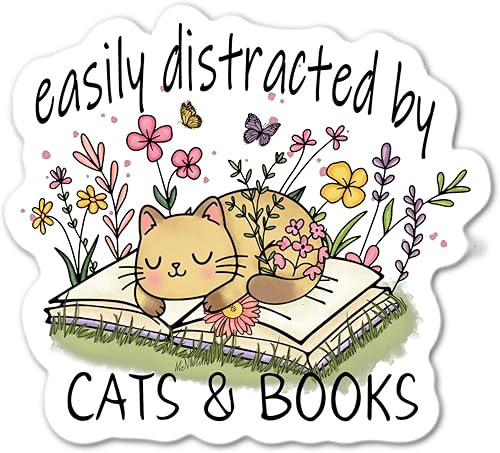 Easily Distracted By Cats and Books Cute Cat Sleeping Reading a Book Floral Decal Sticker