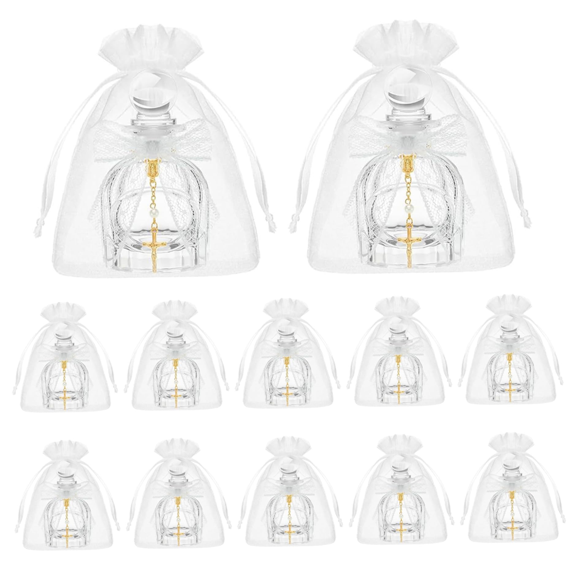 Weihwasserflaschen-Set mit 12 eleganten Glasflaschen mit Kreuzarmband und Spitzenschleife für Taufe, Gastgeschenke, Kommunion, Kirche, Hochzeit
