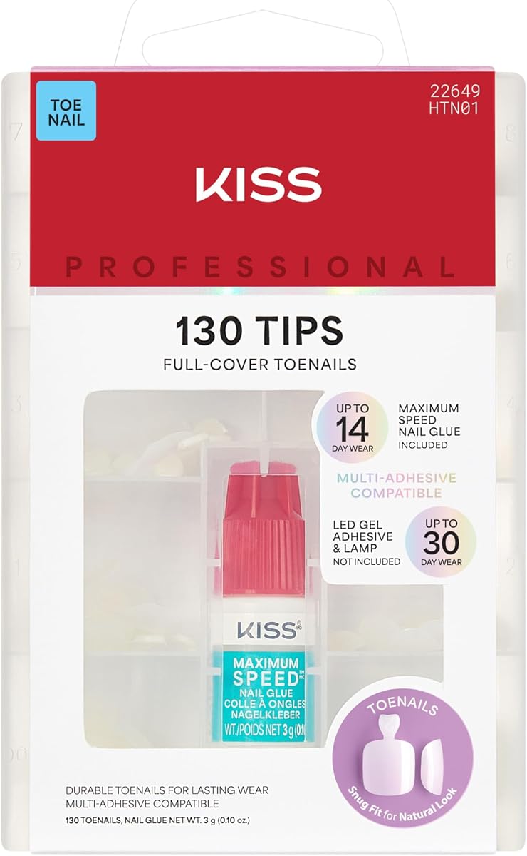 PROFESSIONAL, Press On Nails, Nail glue included, 'Tippy Toes', White, Short Size, Squoval Shape, Includes 130 Toenails, 3g Glue