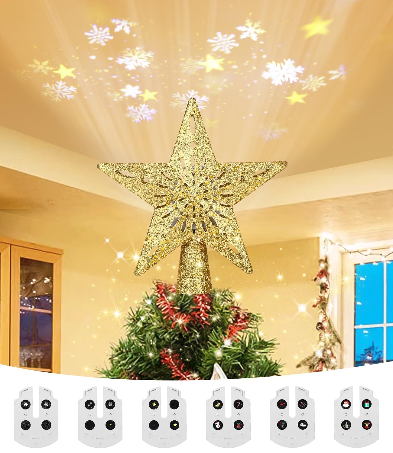 Puntale per Albero di Natale, Proiettore a LED 3D Hollow Stella, Illuminazione per Feste, Festival, Decorazione Interna (Oro)