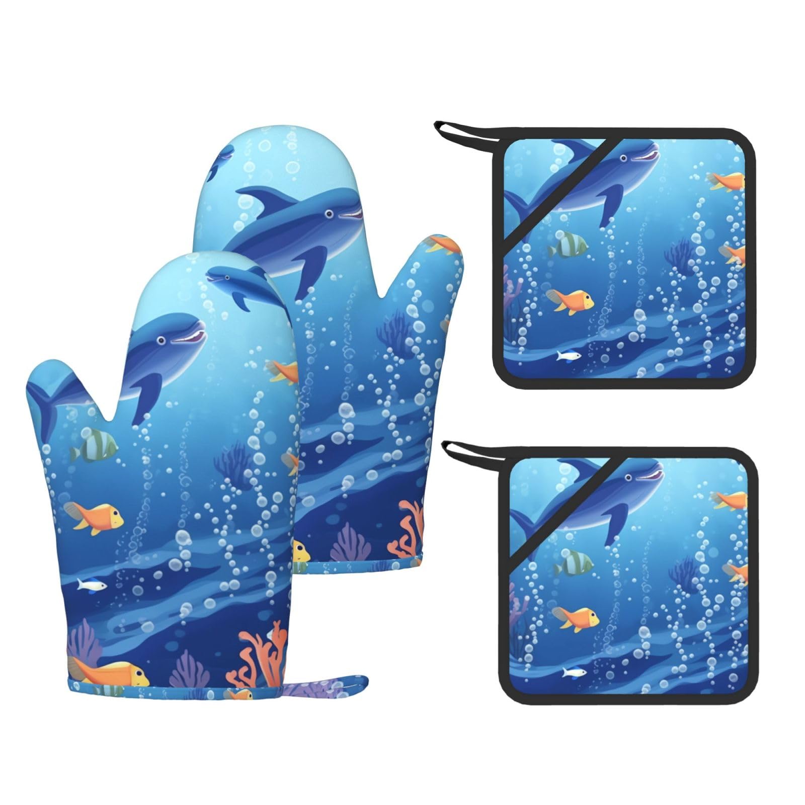 4 Pcs Kitchen Oven Mitts Ocean Life Oven Mitts and Pot Holders Non-slip Silicone Kitchen Gloves for Cooking Baking Grilling Kitchen Essentials