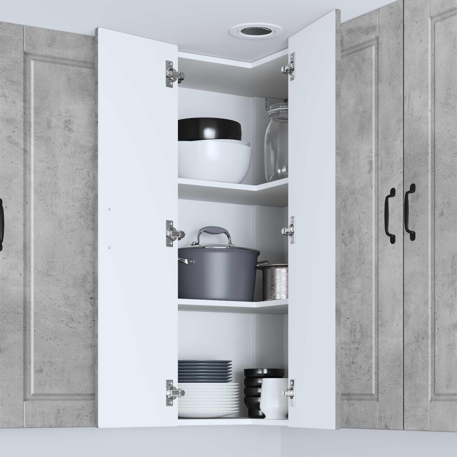 Armario esquinero Porto hormigón gris madera 57 x 57 x 100 cm moderno armario de cocina con espacio de almacenamiento y estantes, montaje en pared para interior