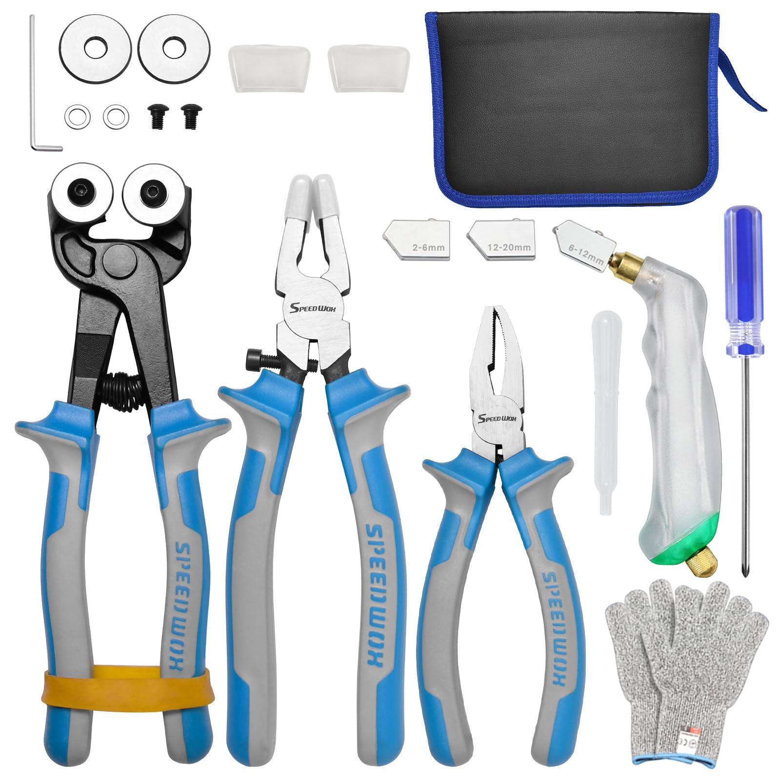 SPEEDWOX 20 Pieces Glass Tweezers Set with Heavy Duty Mosaic Wheels with Spare Cutting Wheel, Running Pliers, Breakwater, Feeding Pliers, Glass Cutter, Gloves