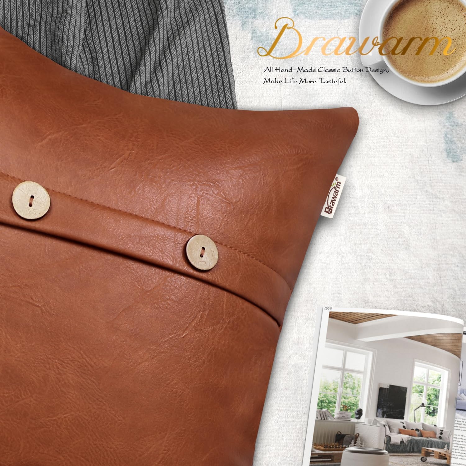 BRAWARM Leather Throw Pillow Covers 22 X 22 Inches - Cognac Faux Leather Pillow Cover with Triple Button, Farmhouse Decorative Leather Pillows for Couch Sofa Bed Home Garden