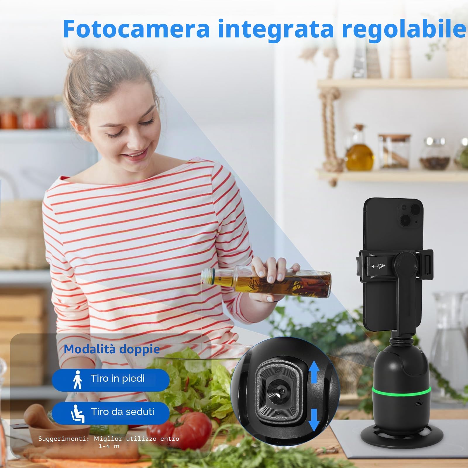 KozyOne Treppiede di tracciamento automatico del viso/corpo, nessuna applicazione richiesta, supporto del telefono di rotazione a 360° con luce di riempimento, supporto del telefono di monitoraggio