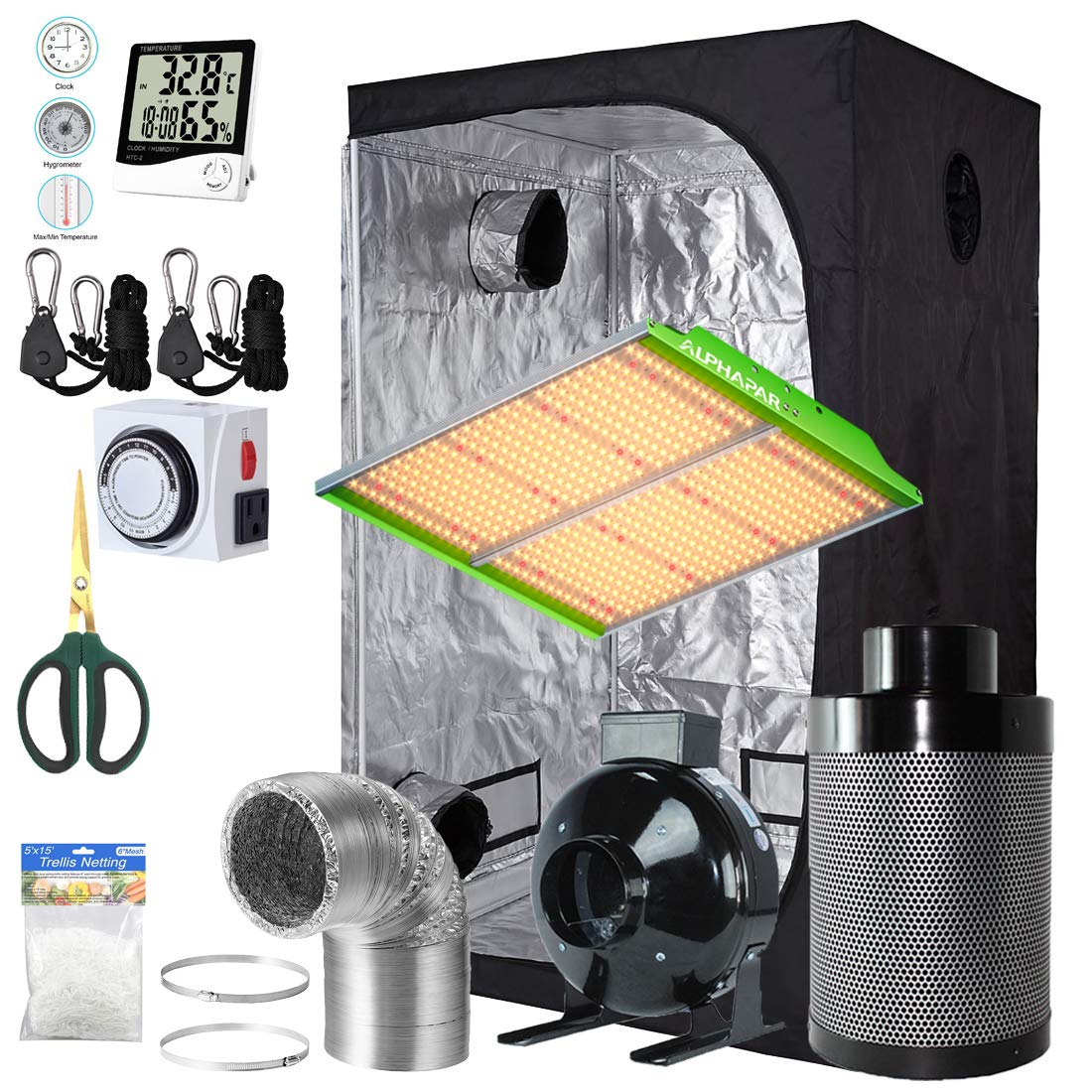BloomGrow Alphapar 200W New Tech Pro Full Spectrum Sunlike LED Grow Light Kit + 36''x36''x72'' Grow 