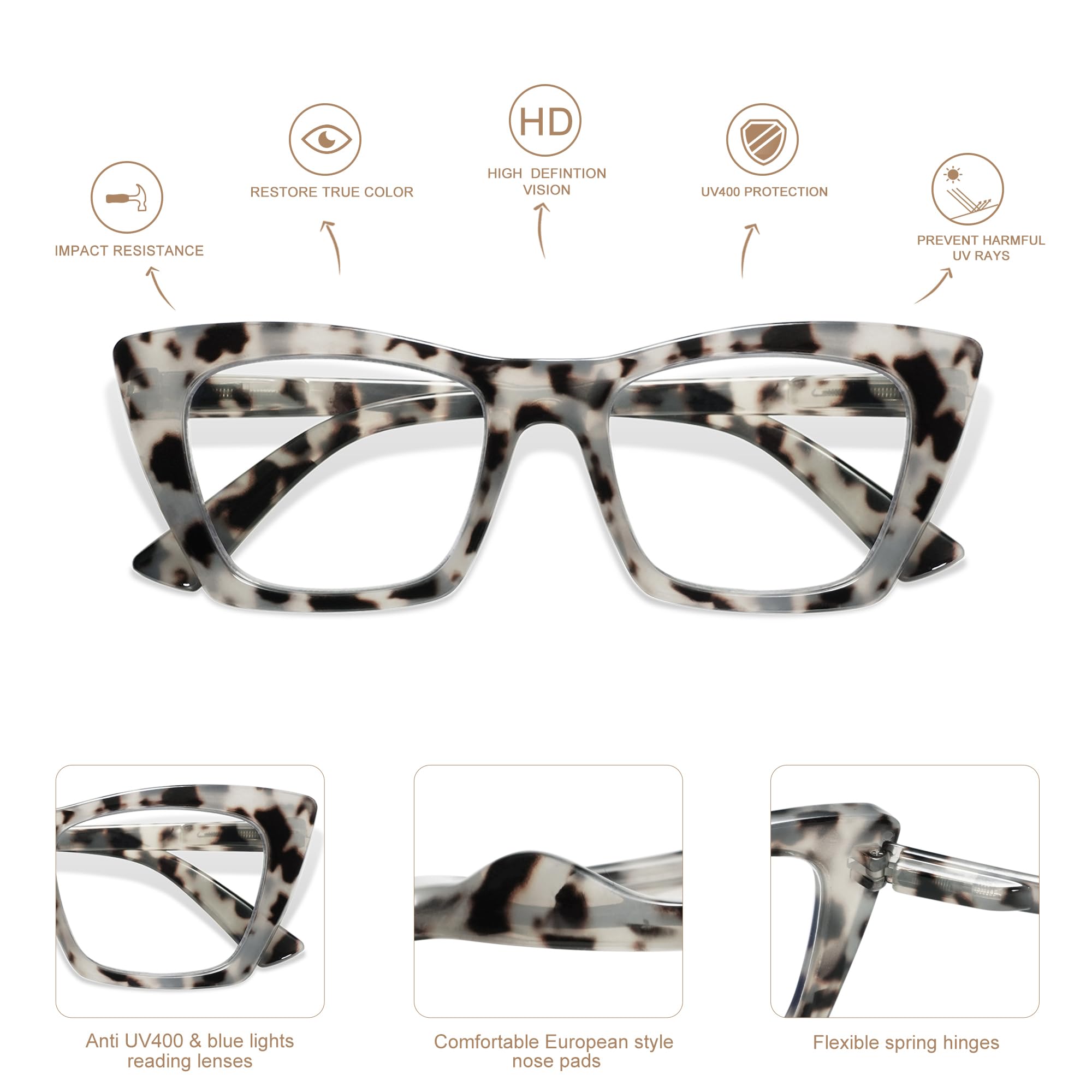 Lesebrille, übergroß, für Damen, Katzenauge, quadratisch, blaues Licht, Computerleser AM6028, C1 BLK+C2 Tortoise + C5, Schildkrötengrau, 52-19-145, 2 Stück