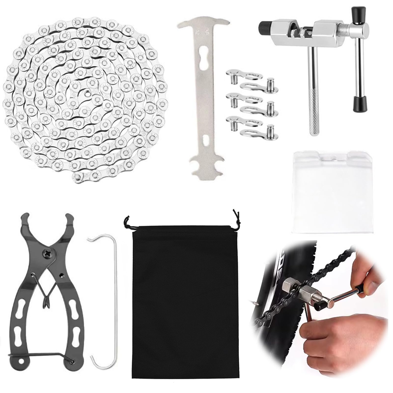 Bike Chain, 6/7/8 Speed Bike Chain, 116 Links (1/2" x 3/32") Mountain/Road Cycling Maintenance Tools Kit Includes Link Plier Cutter & Inspection Gauge Roller Chains for Go-karts Bicycles