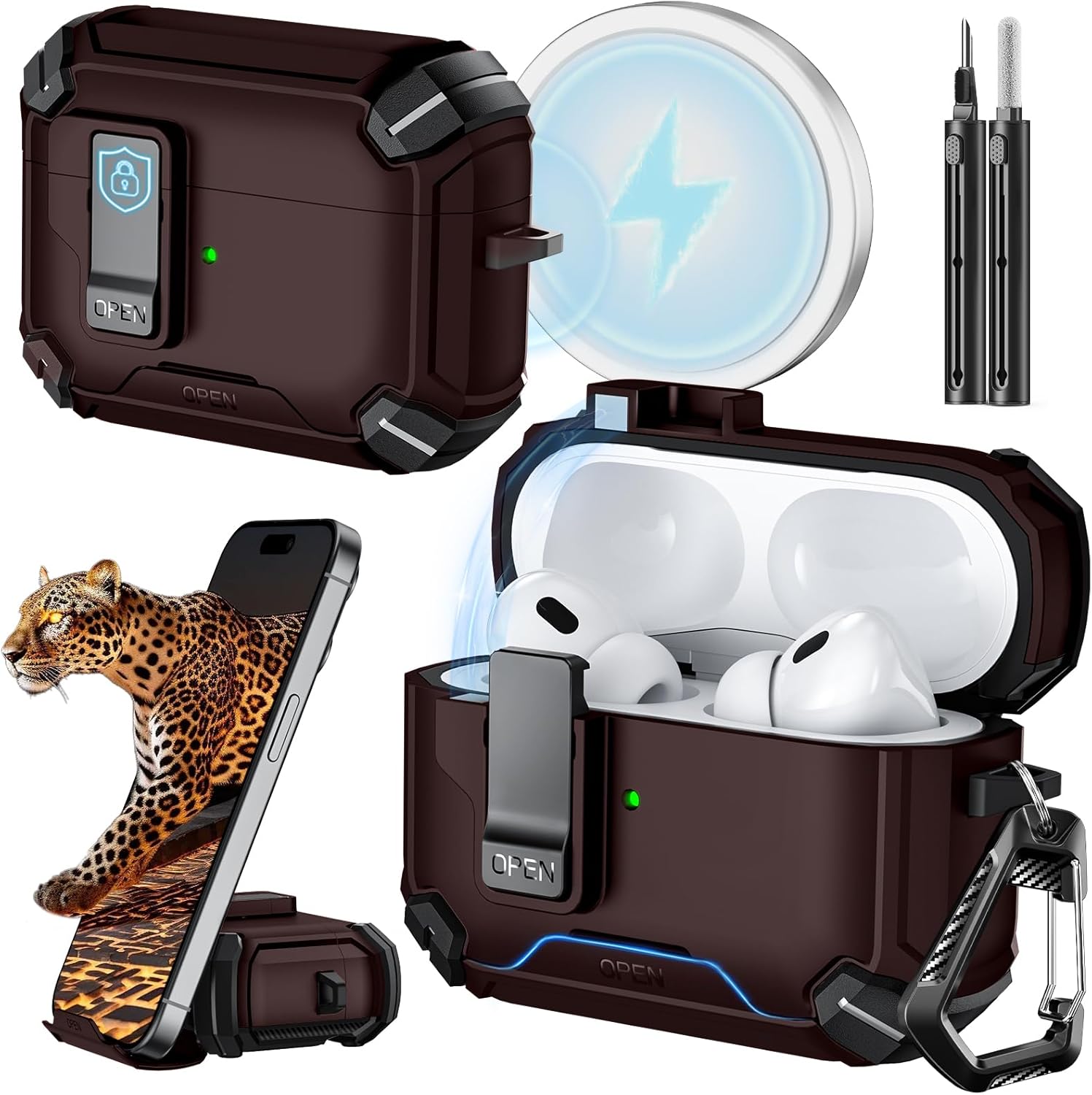 Inesore Compatible with AirPods Pro 2nd/1st Generation Case Cover with Phone Stand & Cleaning Kit,Compatible with Magsafe,Magnetic Automatic Lock for iPod Pro Charging Case(USB-C/Lightning Cable) W-brown Airpods Pro 1st/2nd