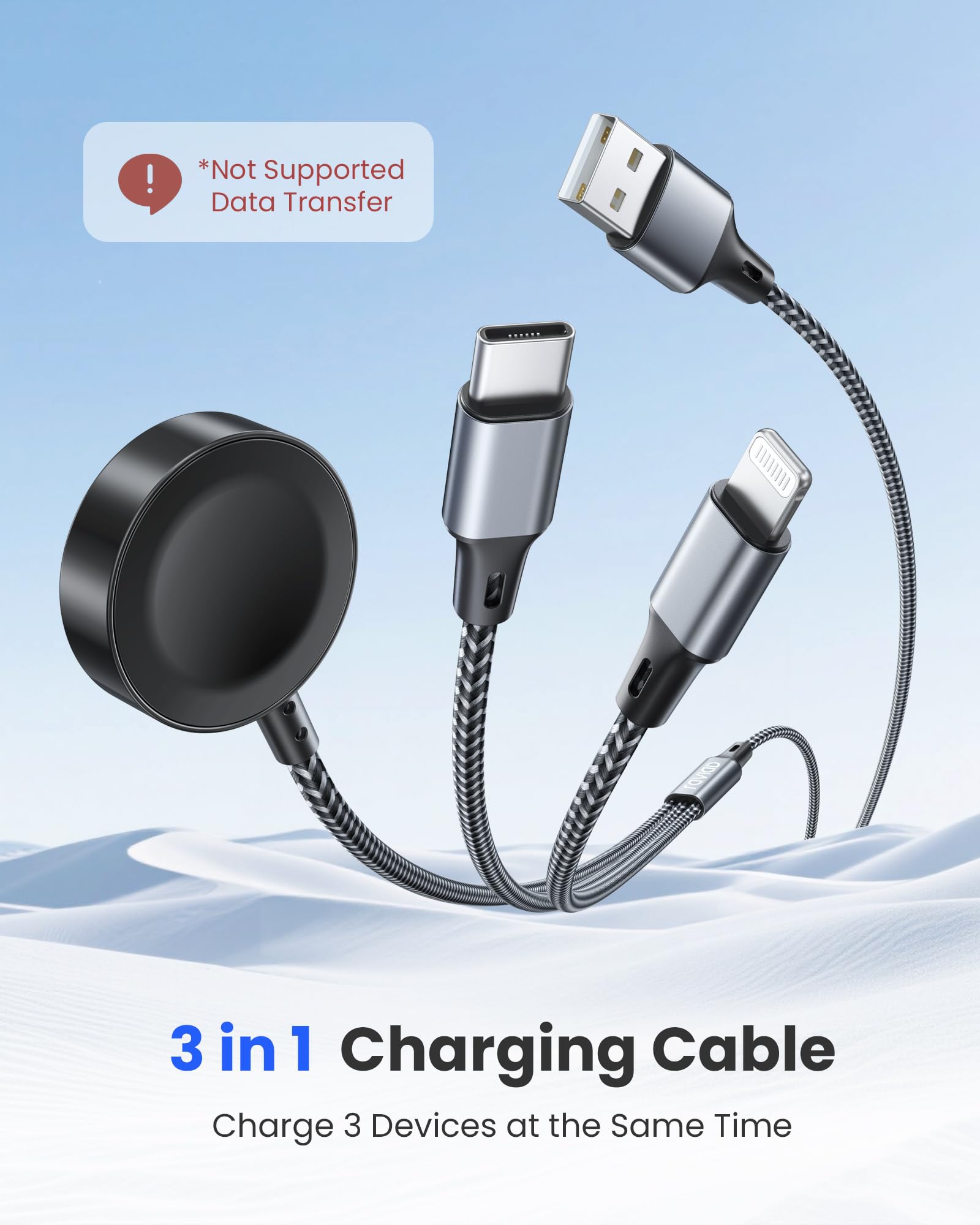 RAVIAD 3 in 1 Caricatore Apple Watch, 1.2M Cavo USB Multiplo con Caricabatterie per Apple Watch, USB C, Lightning per iWatch Ultra/SE/11/10/9/8/7/6/5/4/3/2/1, iPhone 17/16/15/14/13/12, Galaxy S25/S24