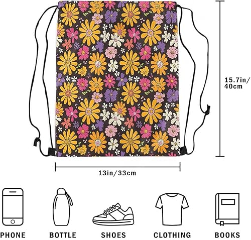 Vista 5 de jejeloiu Groovy Flower Gym String Bag 13"x15.7" Retro Floral Boho Drawstring Backpack for Decor 70S Hippie Flowers Bohemian Drawstring Bags Garden