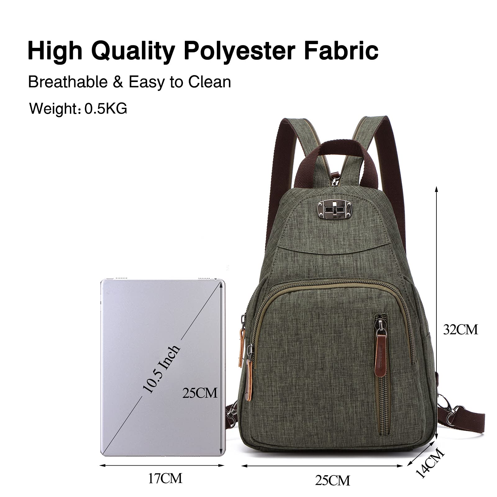 FANDARE Rétro Sac de Poitrine Petit Sac À Dos Bandoulière Sling Bag Sac Bandoulière Sac d'Epaule Sac d'école Sacoche pour Homme Femme Commuer Université École Voyage Daypacks Durable Polyester Verte
