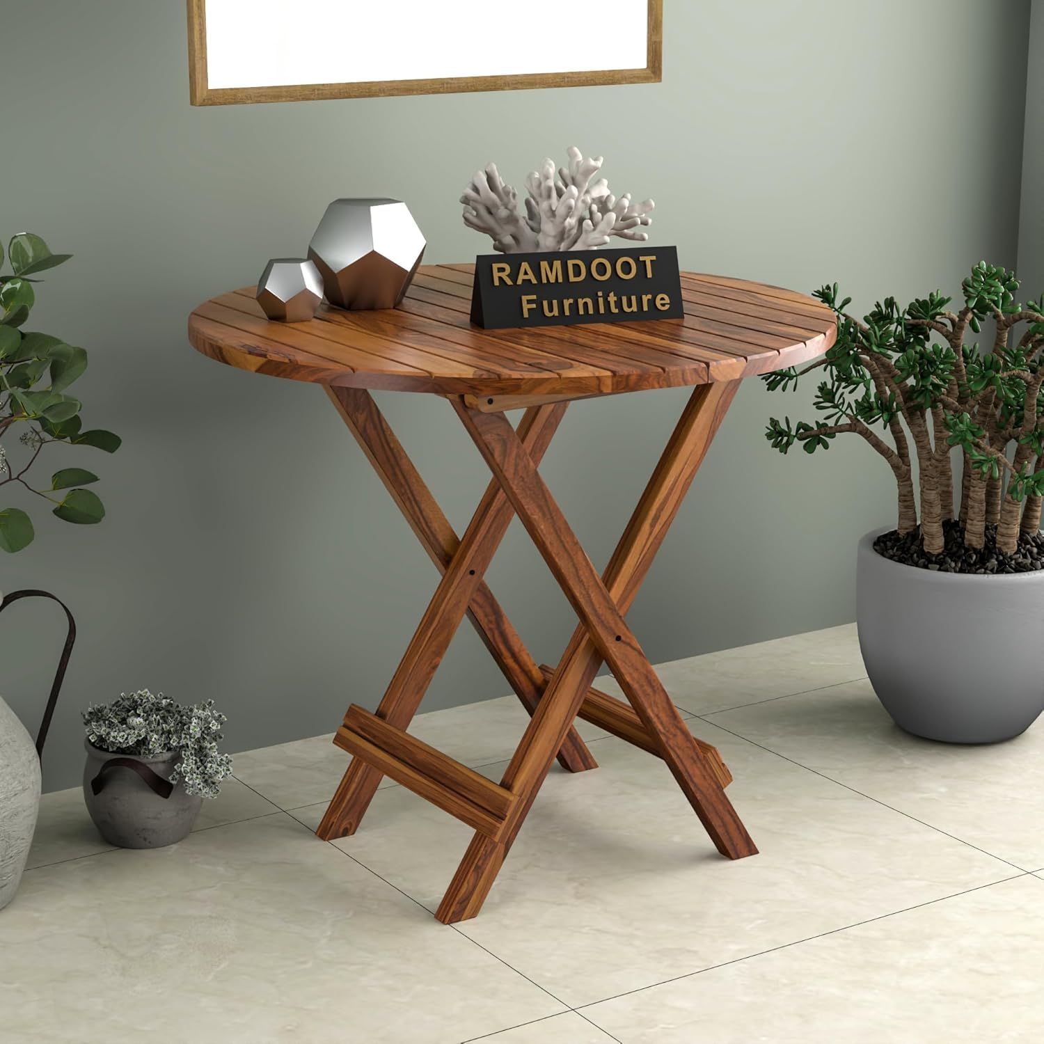 RAGHAV FURNITURE Wooden Foldable End Table | Outdoor Coffee Table | Round Patio Folding Tea Table | Portable End Table for Picnic, Balcony & Garden | 24-Inch Solid Wood Sheesham, Honey Finish-image-41