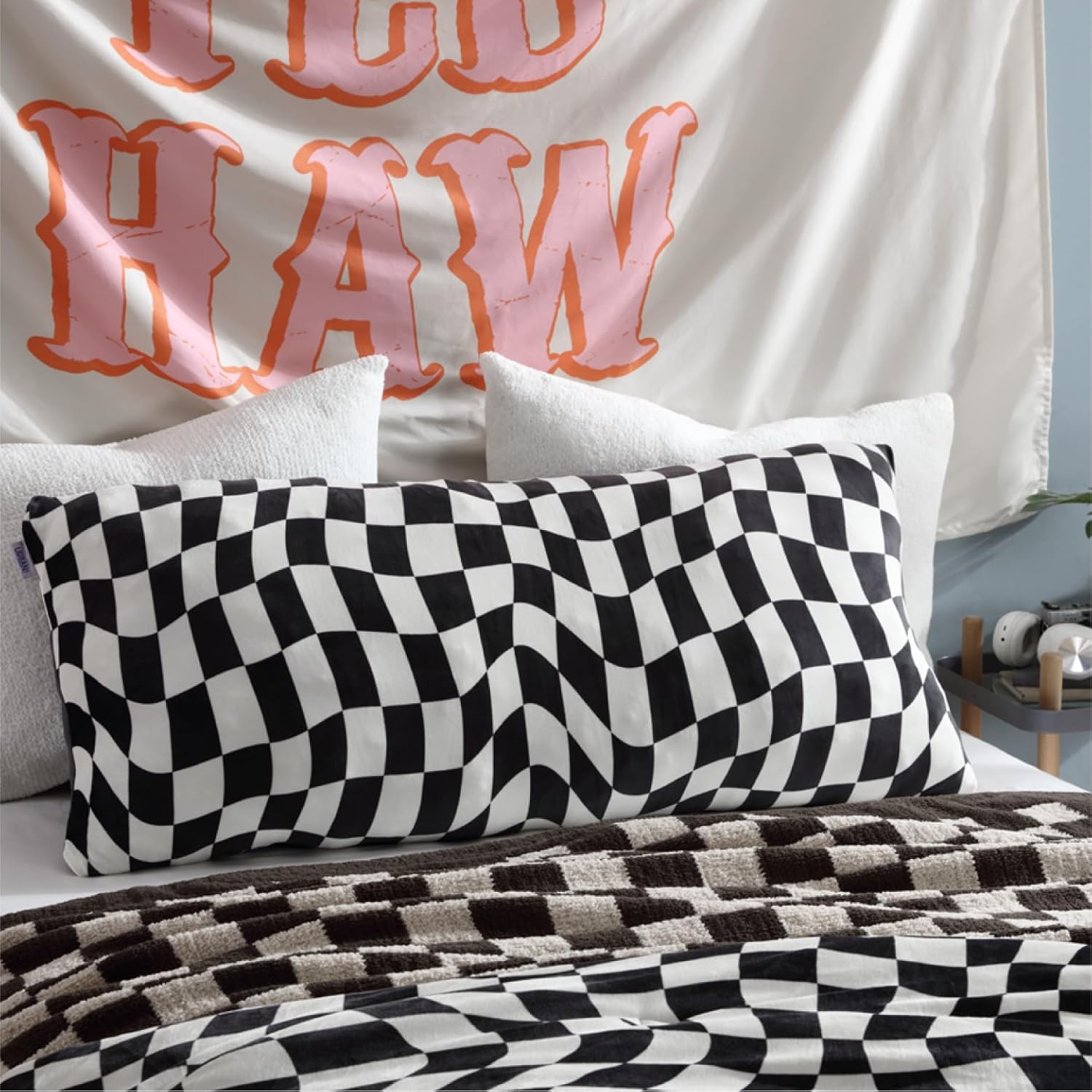 Urban Lifestyle Black and White Checkered Body Pillow,20”x48” Long Plush Cushion for Bed, Couch, or Dorm,Soft Decorative Pillow for Teens and Kids