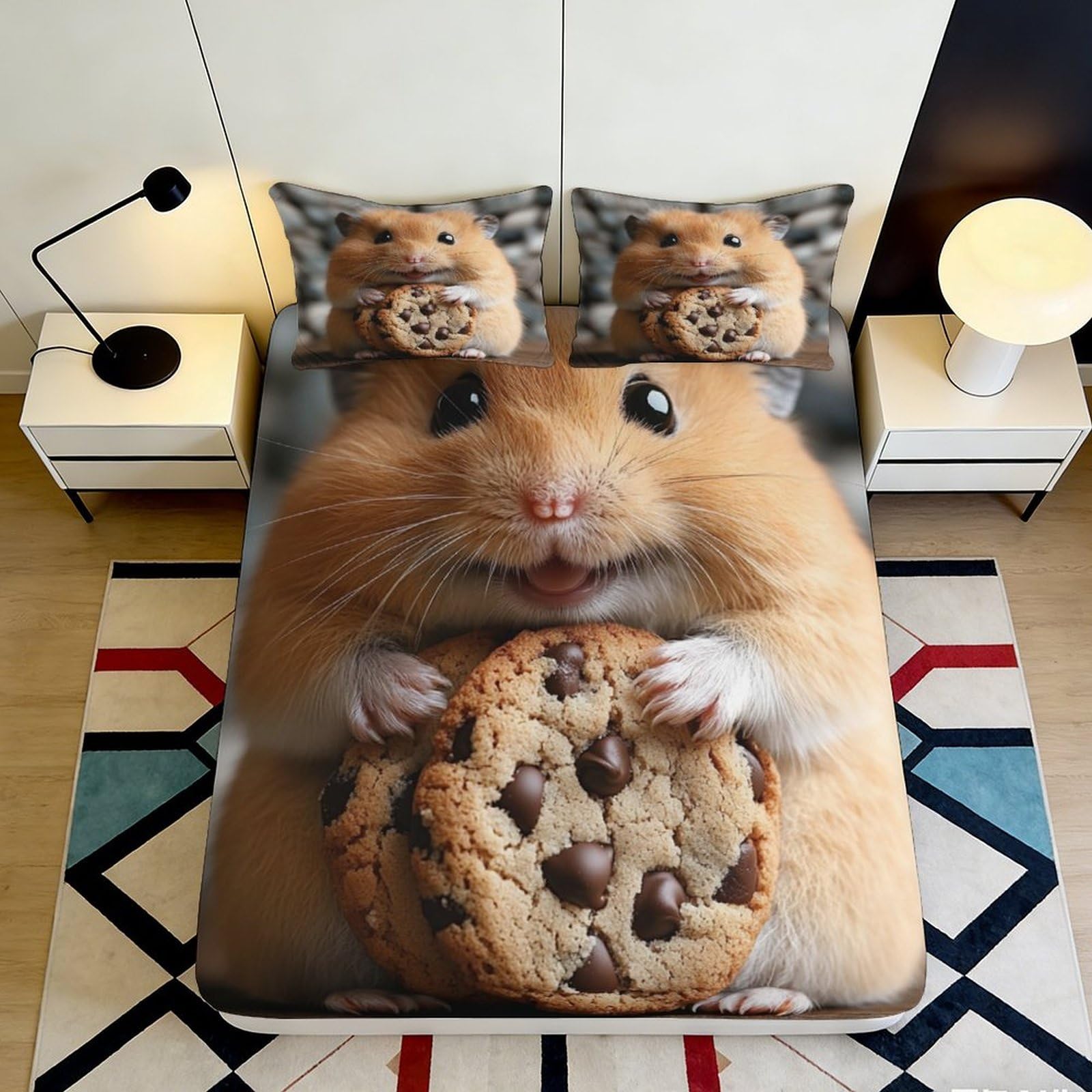 3D Printed Cookie Hamster Fitted Sheet Microfiber Soft Bed Cover for Bedroom Dorm Mattress Protection Decor 90x200x25cm