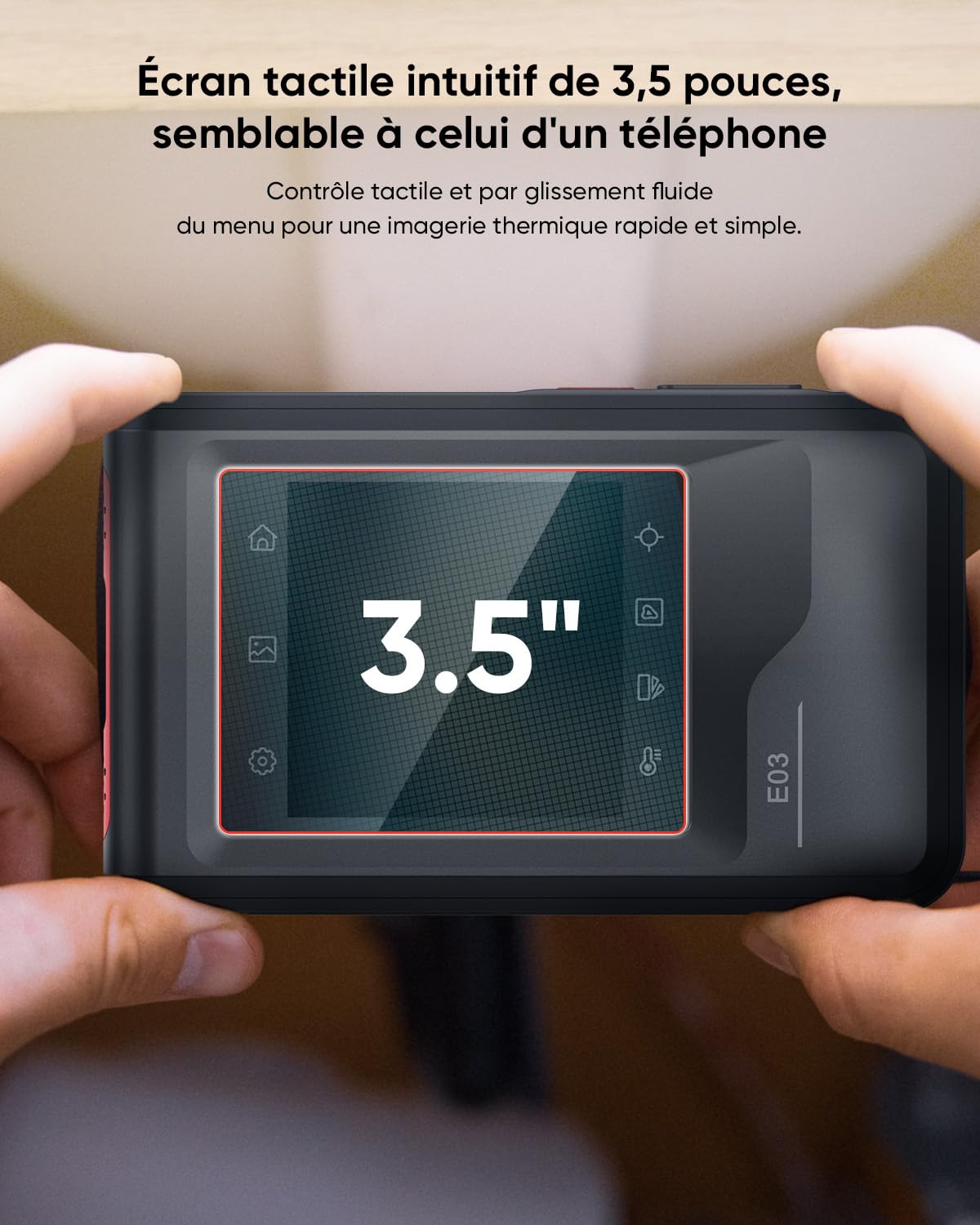 HIKMICRO E03 Caméra d'imagerie thermique compacte de poche, résolution SuperIR 240 x 240 avec caméra visuelle, résolution IR 96 x 96/9 216 pixels, 25 Hz, écran tactile 3,5", IP54, -20 ℃ à 350 ℃