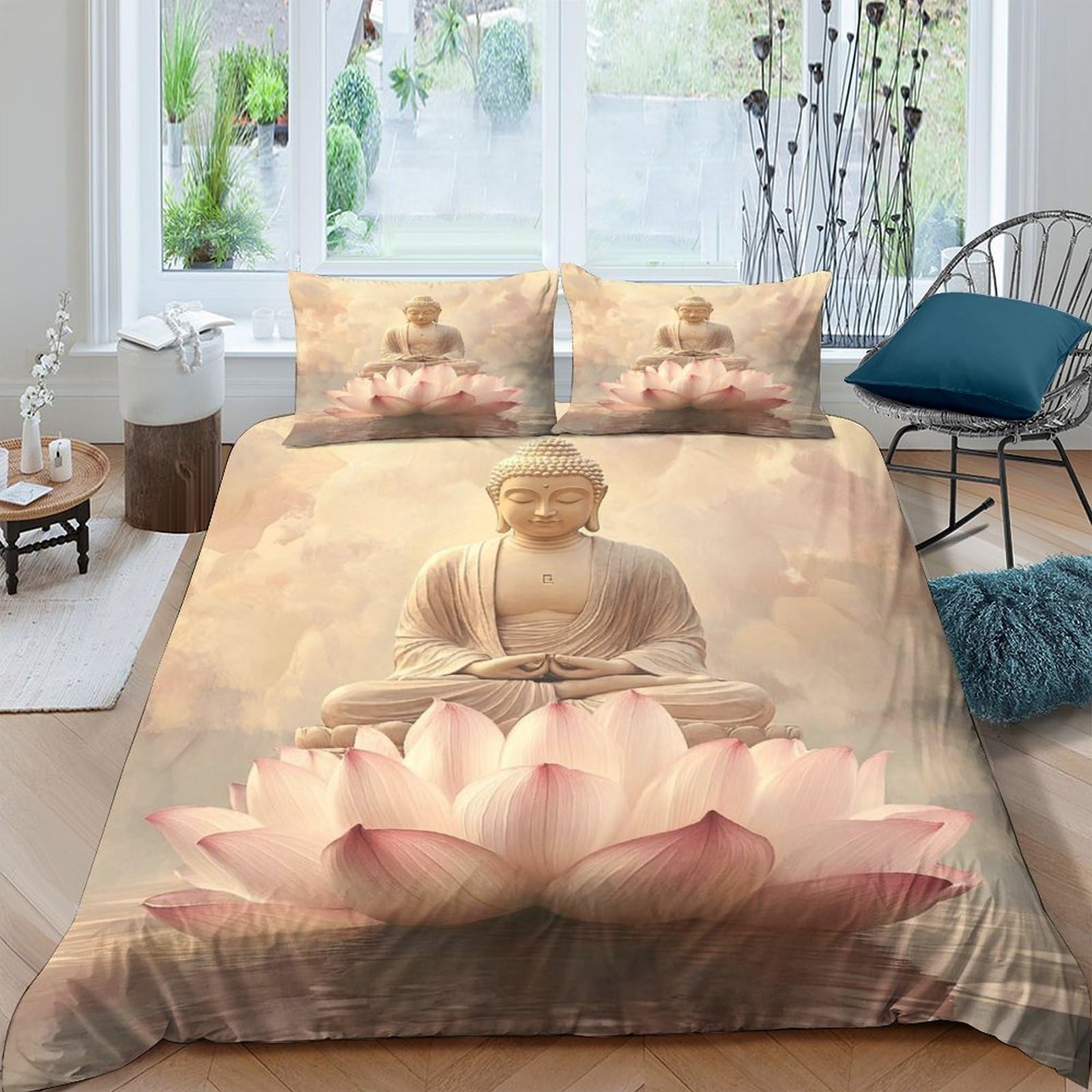 Ctjqhvkz Style-8 3D Printed Buddha Statue Lotus Fitted Sheet Microfiber Soft Anti-Slip Bed Cover Bedroom Dorm Decor Single（135X200cm）
