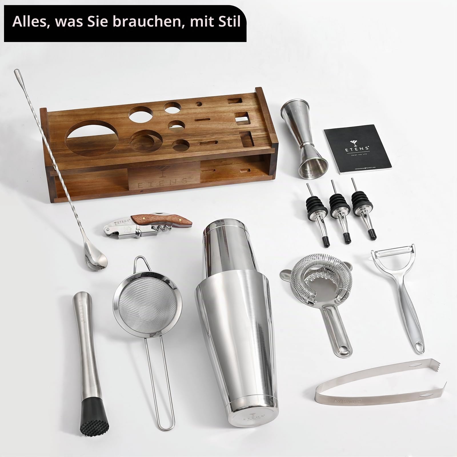 Etens 15-teiliges Barkeeper Set mit Holzständer – Edelstahl Boston Cocktail Shaker Set mit Messbecher, Sieben, Stößel & Bar Zubehör – Profi-Mixologie Cocktail Set Geschenk für Zuhause & Bar