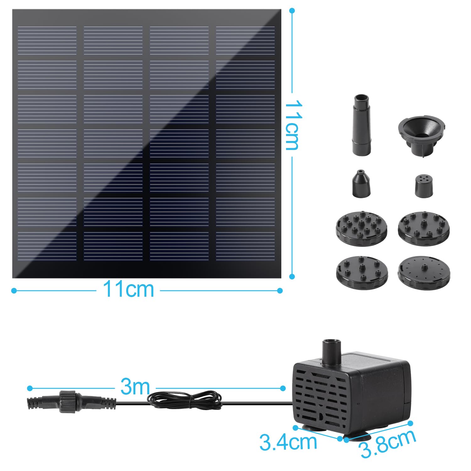 Sonnewelt Solarna fontanna, bezszczotkowa pompa do stawu 7 V, 1,5 W, solarna pompa wodna z 10 stylami fontanny, do zabaw wodnych, stawów, łaźni ptaków, ogrodu