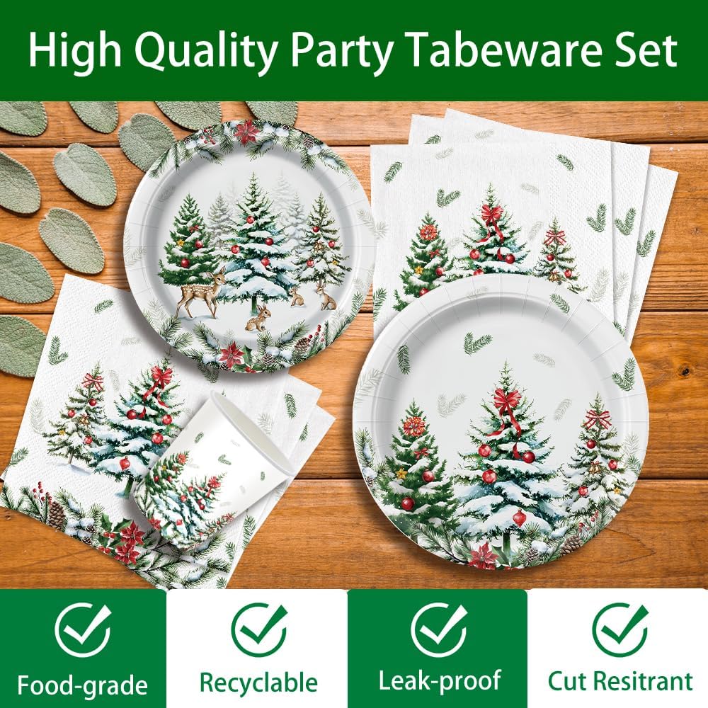 140Pcs Christmas Party Decorations Forest Snow Pine Trees Plates and Napkins Winter Birthday Party Supplies Tableware Set Green Christmas Tree Paper Plates, Serve for 20 Guest - Image 3