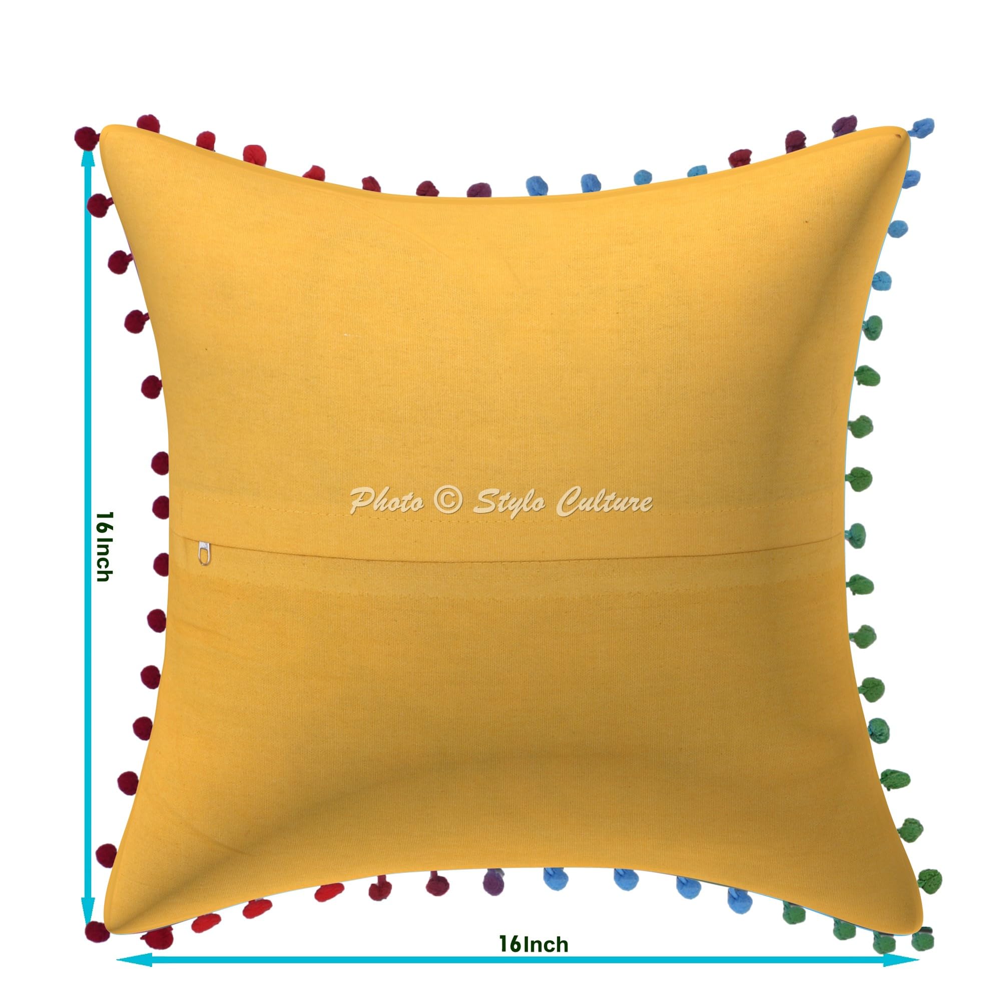 Indische Dekorativ Baumwolle Couch Kissenbezüge 40x40 cm Mangogelb Dekokissen Suzani Bestickte Pom-Pom-Spitze Schlafzimmer Sofa Kissen Bezüge Blumen Quadrat Kissenhullen - 4 STK.