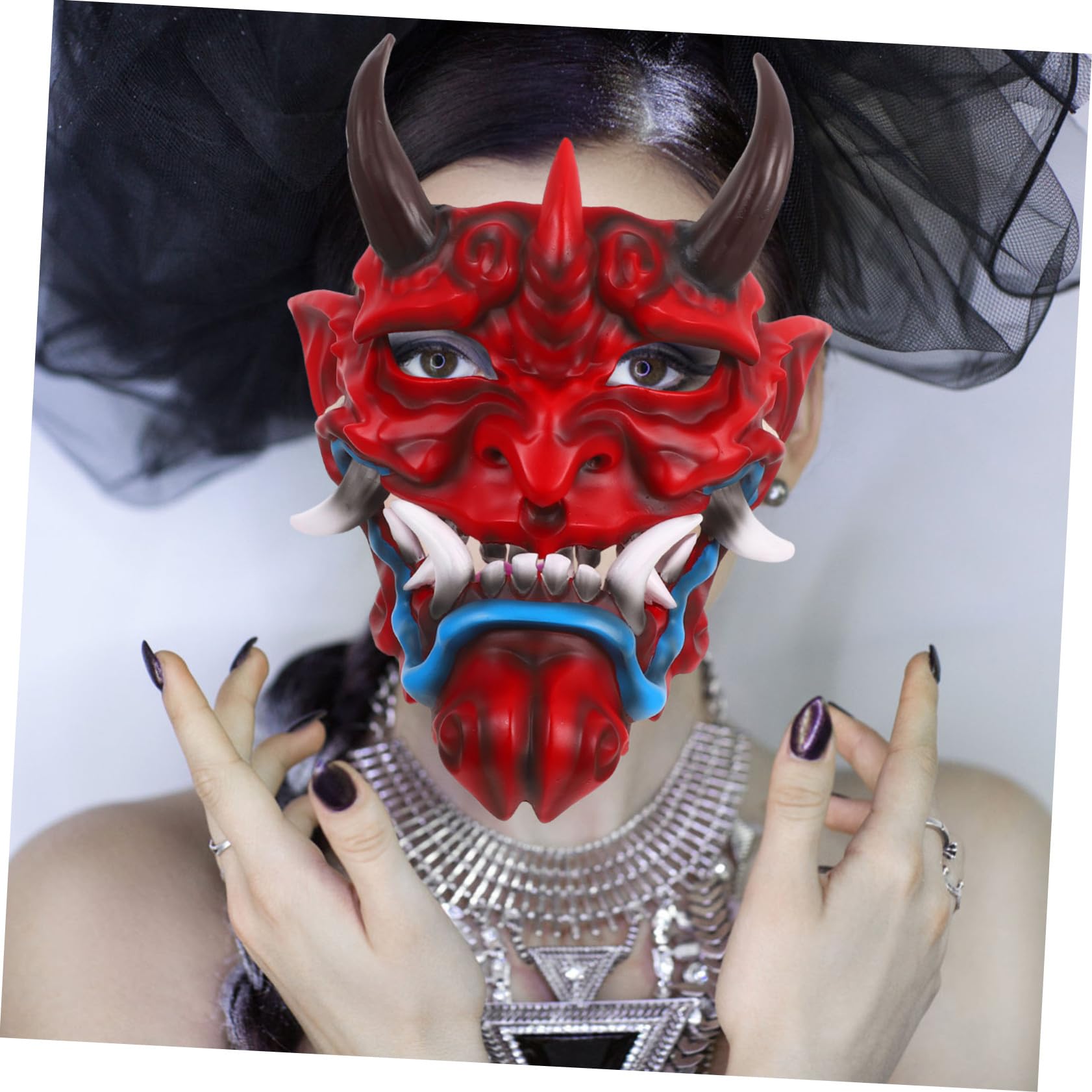 HANABASS Maska Oni Halloween dla Dorosłych Demon Cosplayowy z Realistycznym Wzorem Idealny Maskarady Imprezy Kostiumowe i Tematyczne Wydarzenia