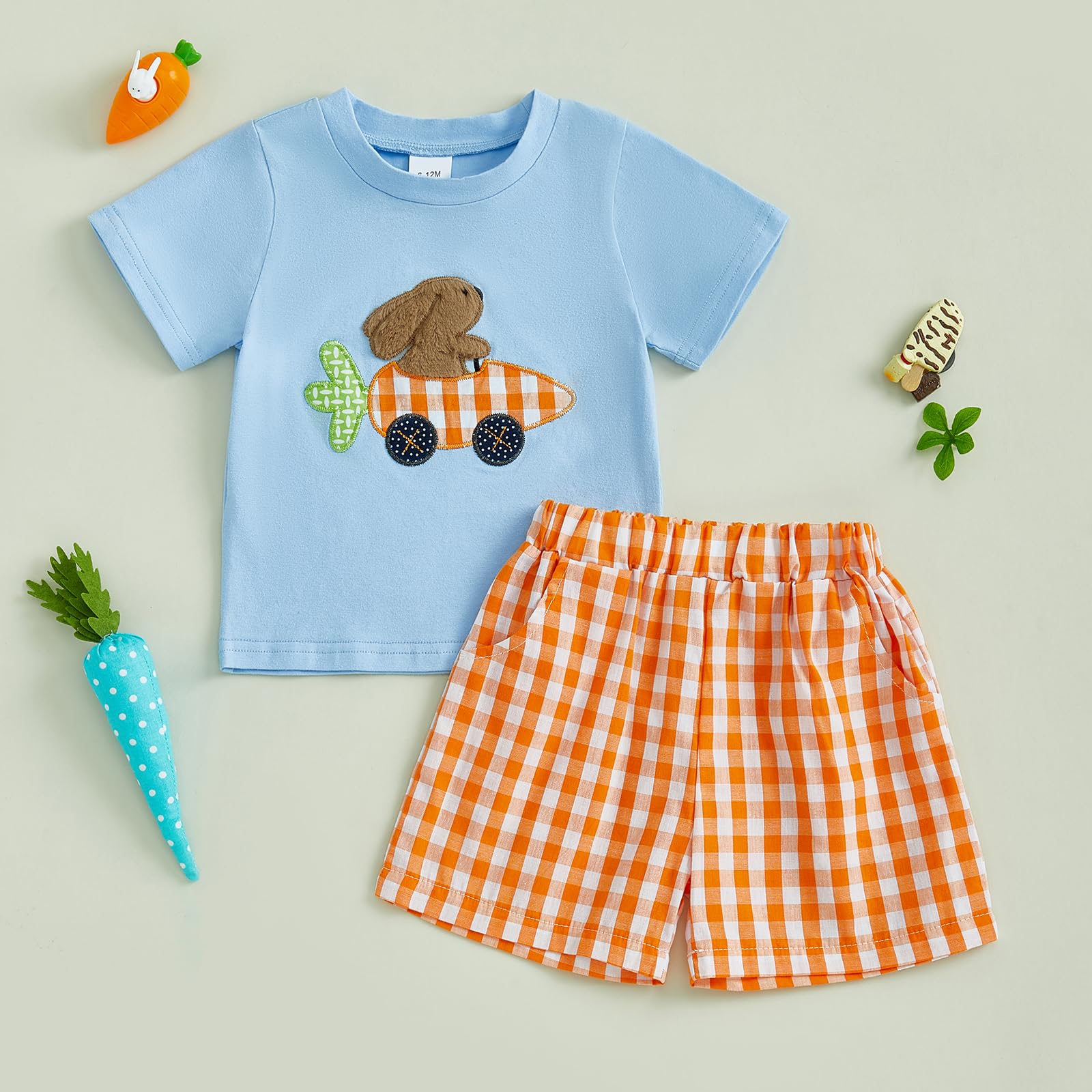 Arvbitana Toddler Baby Boy Easter Rabbit Outfit Short Sleeve Bunny Carrot Smocked T-shirt Elastic Waist Shorts Summer Clothes (C-Orange, 3-4T)