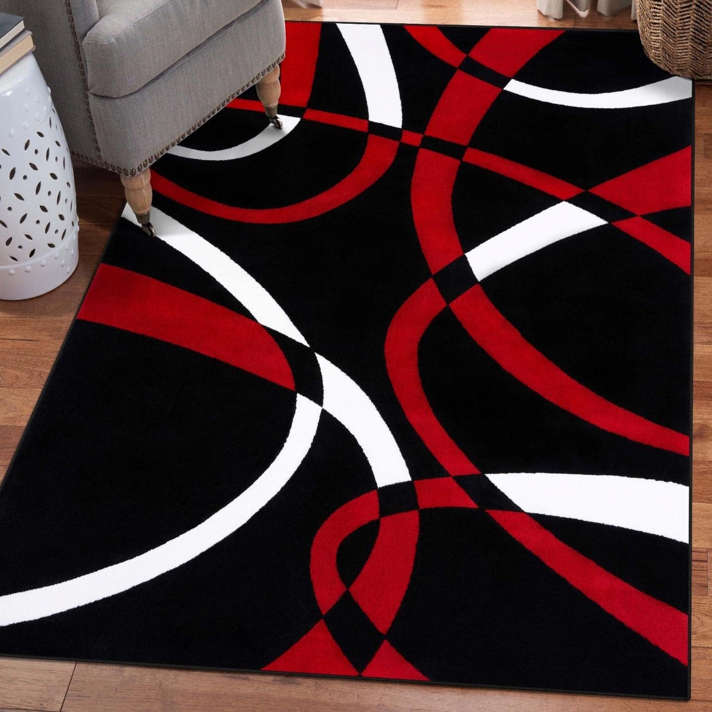 2305 Geometric Abstract Red Black 4x5 Area Rugs for Living Room