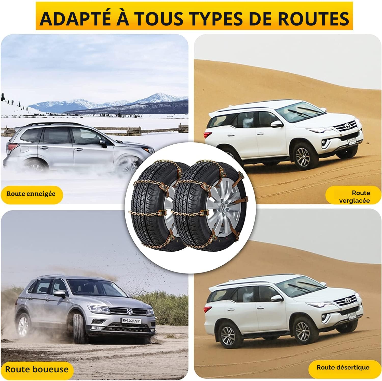 Chaînes à neige 8pcs Chaînes réglables antidérapantes avec pelle à neige en plastique et gants Facile à installer Chaîne à neige de pneu durable pour voiture, camion, SUV Roadway Snow Roads