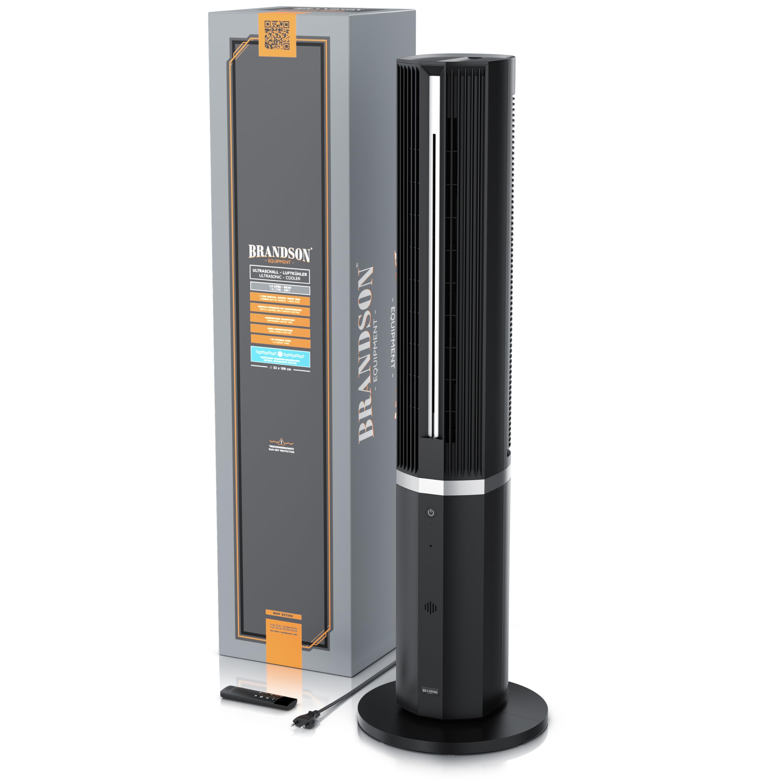 Brandson - Turmventilator mit Wasserkühlung – Preisträger 2026 - Luftkühler inkl. Luftbefeuchter - DC-Motor sehr leise – 12 Geschwindigkeiten - Fernbedienung