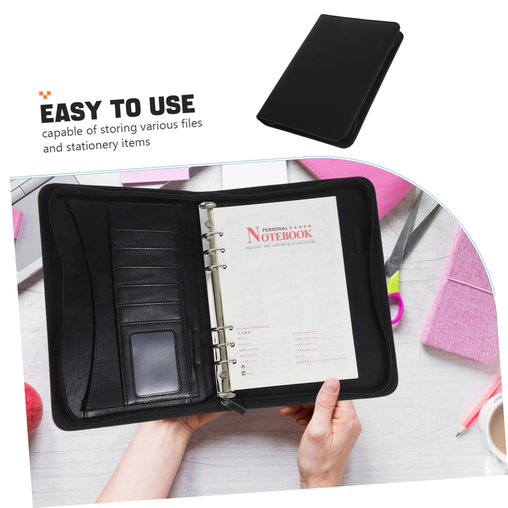 Carpeta Cremallera de Pu Negro, Portadocumentos Elegante y Profesional | Gran Capacidad, Cierre Seguro para Papeles y Papelería, Decoracion Colegio, Carpeta de Negocios