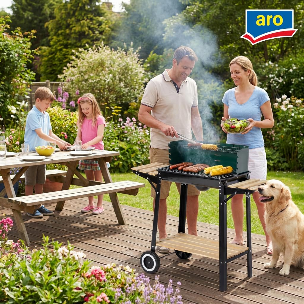 aro Holzkohle Grillwagen, Stahl/Holz, 2 Grillroste und 2 Seitenablagen, Holzgriffen, mit 2 Räder, Windschutz, grün (grün)