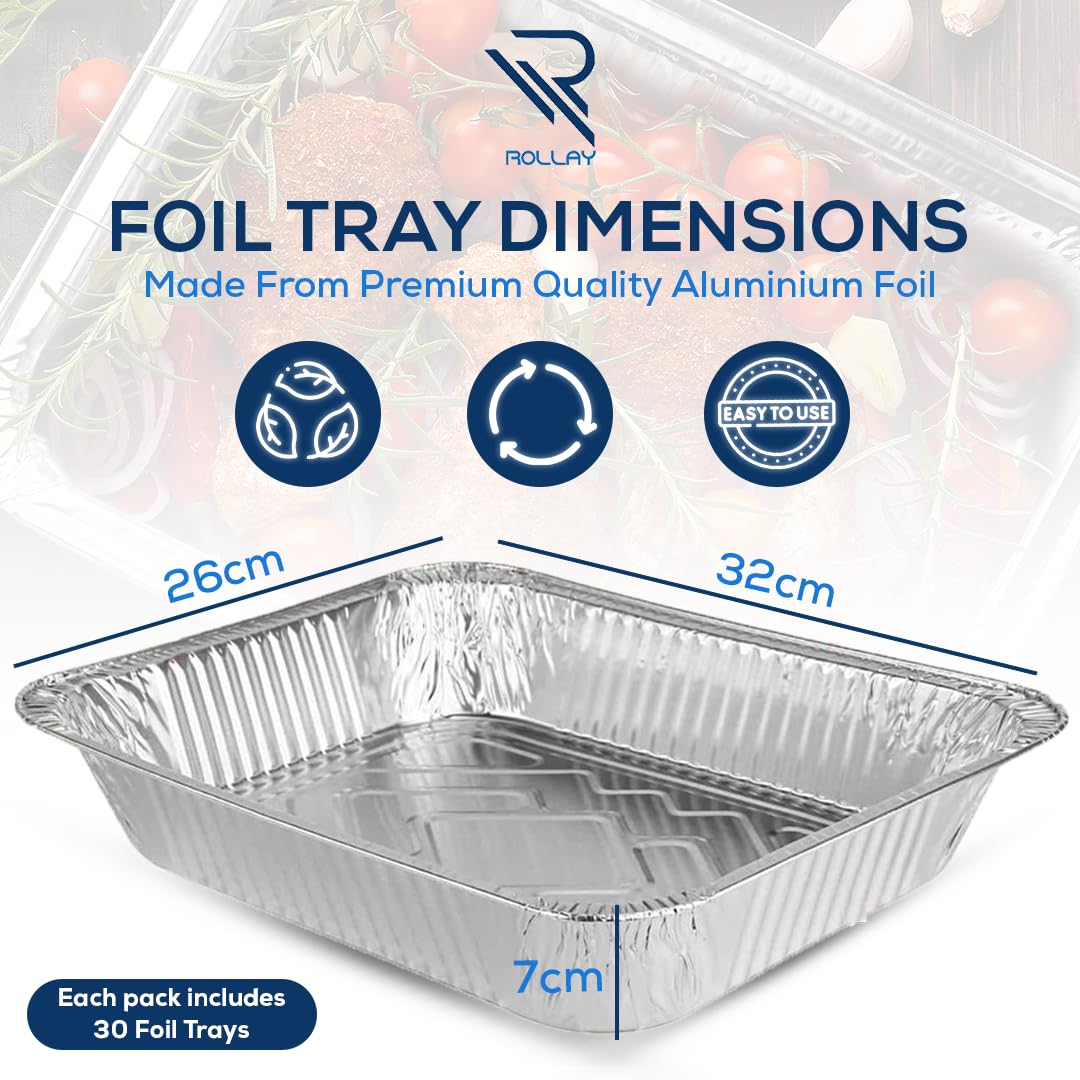Rollay Bandejas grandes de aluminio de profundidad (32 x 26 x 7 cm), bandejas de aluminio para cocinar, hornear, asar, asar y fiestas (3500 ml) (30 bandejas)