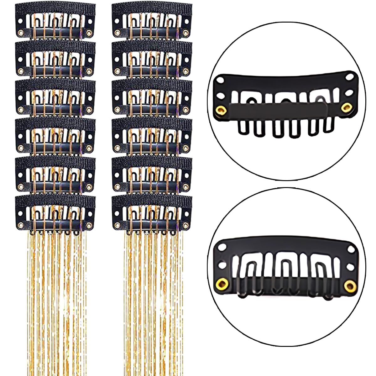 12 PCS Clip in Hair Tinsel Extensions Anti-slip Heat Resistant Shiny Tinsel Hair Extensions with Clips Champagne Sparkling Shinny Fairy Accessories for Women Girls Party Cosplay Halloween Christmas - Image 3