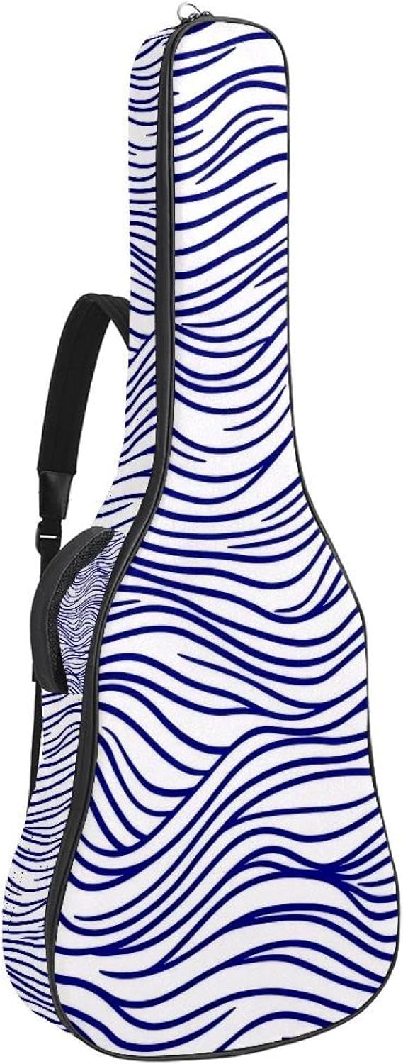 Big Waves in Linear Style White and Blue Color Pattern Acoustic Guitar Gig Bag, 1 cm Thick Padding Waterproof Guitar Bag Backpack for 40 41 42 Inch Electric Bass Classical Guitars