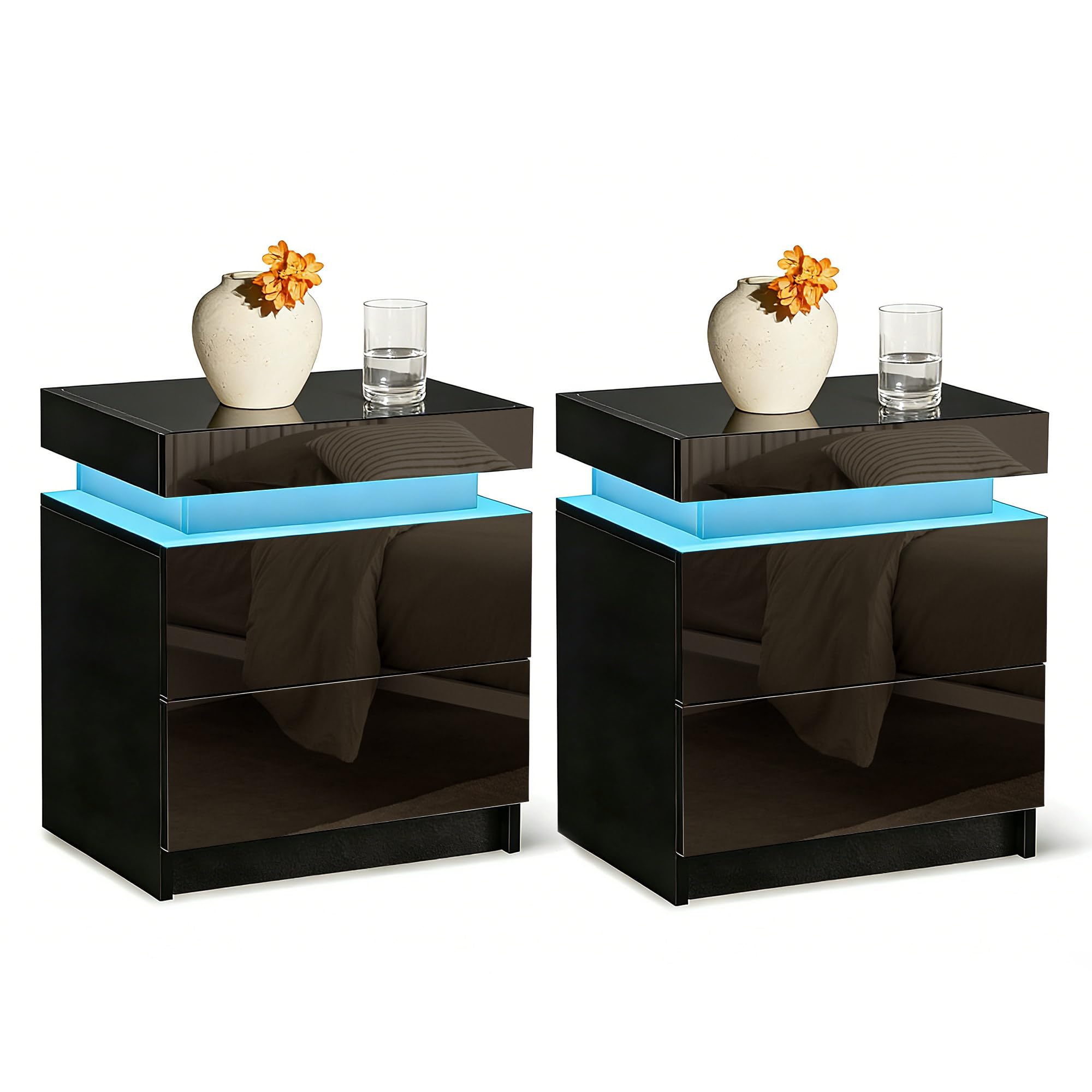 CLIPOP Bedside Tables Set of 2 with LED Lights, High Gloss Front Side Table with 2 Drawers and Top Storage Cabinet, Modern LED Nightstand for Bedroom Living Room, Black, 2PCs โ image 1