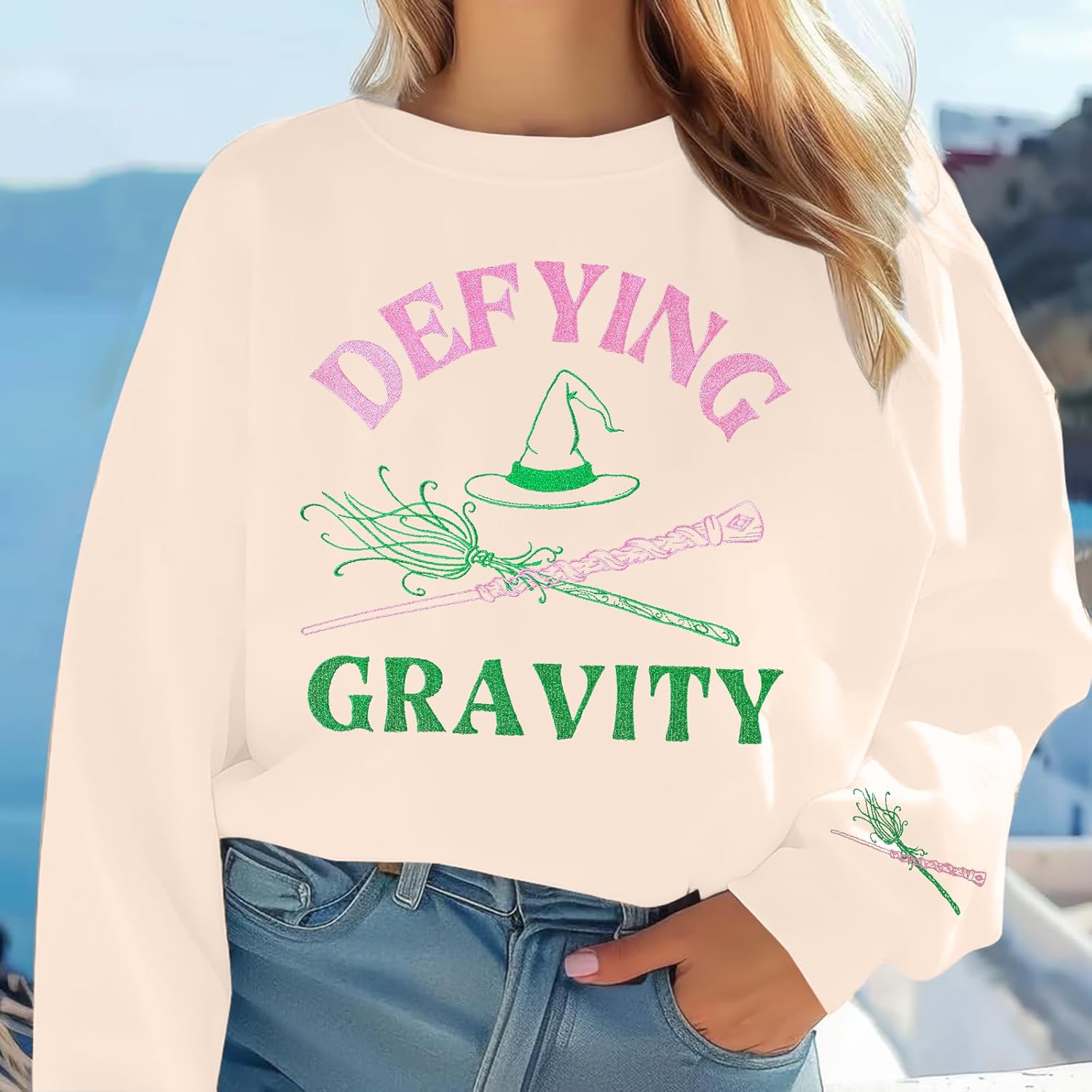 JINTING Musical Sweatshirt for Women - Defying Gravity Pink Green Musical Movie Fall Crew Neck Long Sleeve Pullover - Image 7