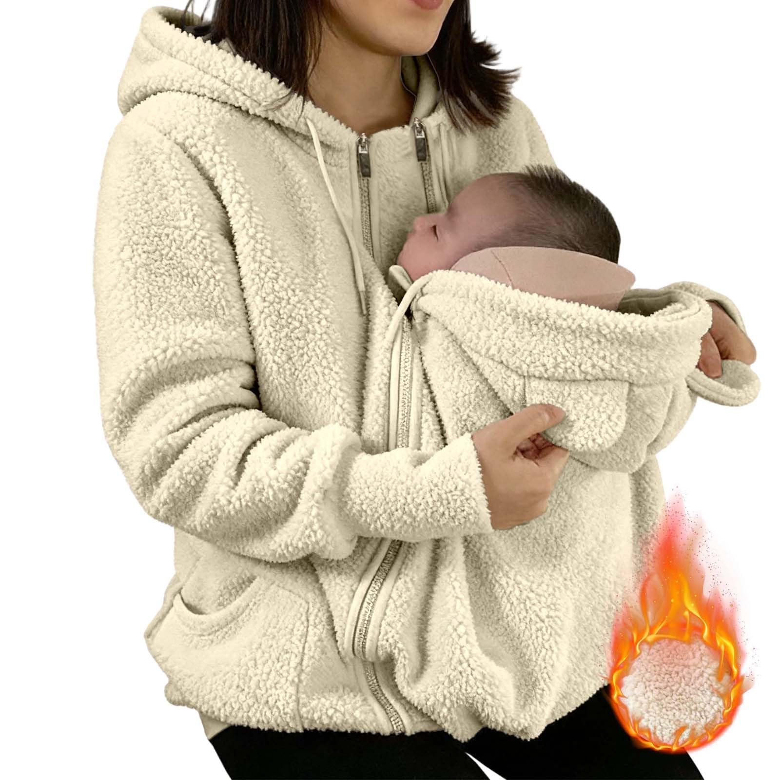 Générique Veste de maternité d'hiver polaire avec insert amovible pour bébé, capuche et poches partagées - Manteau chaud en coton doux pour allaitement et extérieur, confortable et fonctionnel