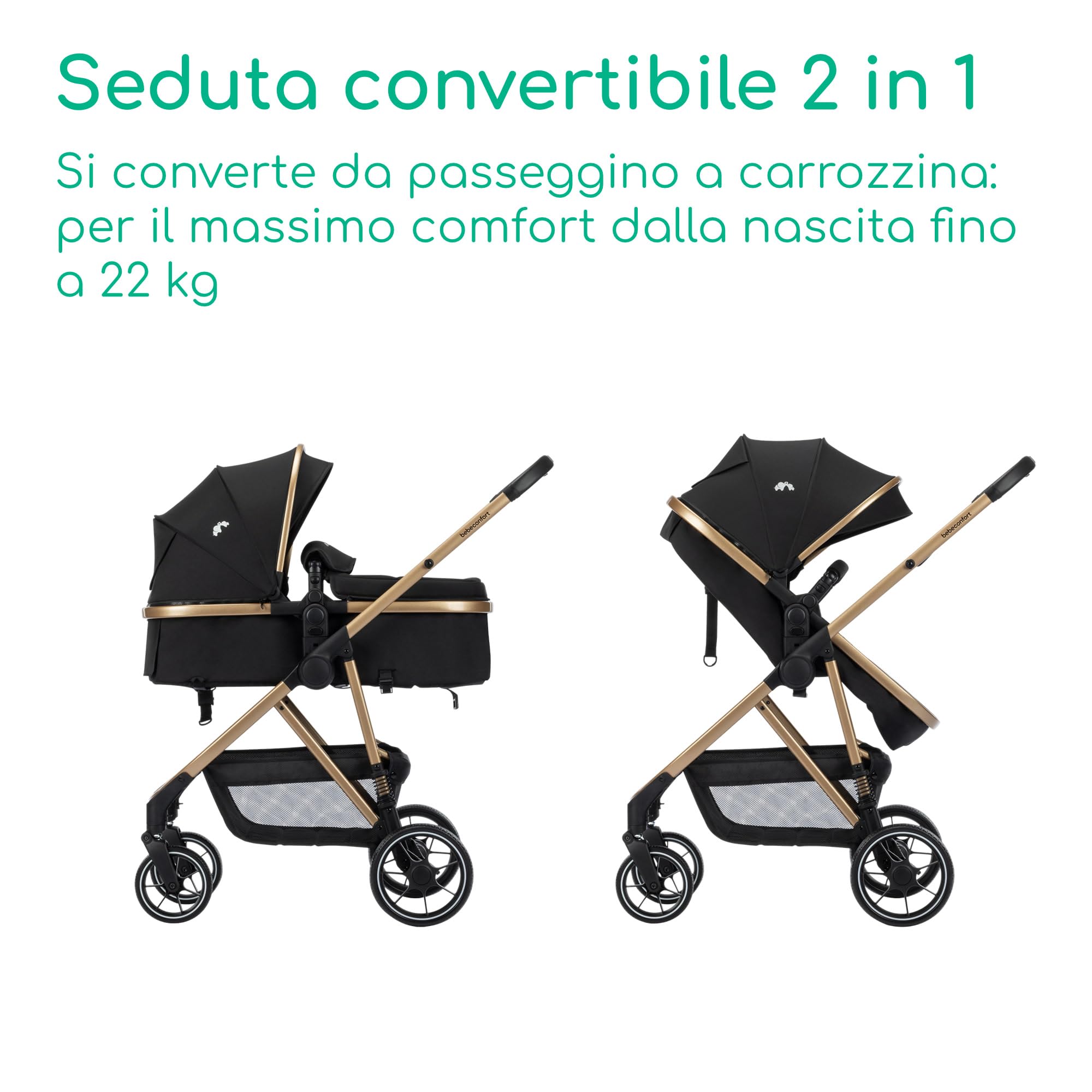Bebeconfort Zaria Trio, Passeggino Trio Completo 3 in 1, 0-22 kg, Nero/Oro | Sistema Modulare Neonato con Ovetto i-Size, 0-4 Anni, Carrozzina Reversibile, Pieghevole e Reclinabile, 4 Ruote Ammortizzate
