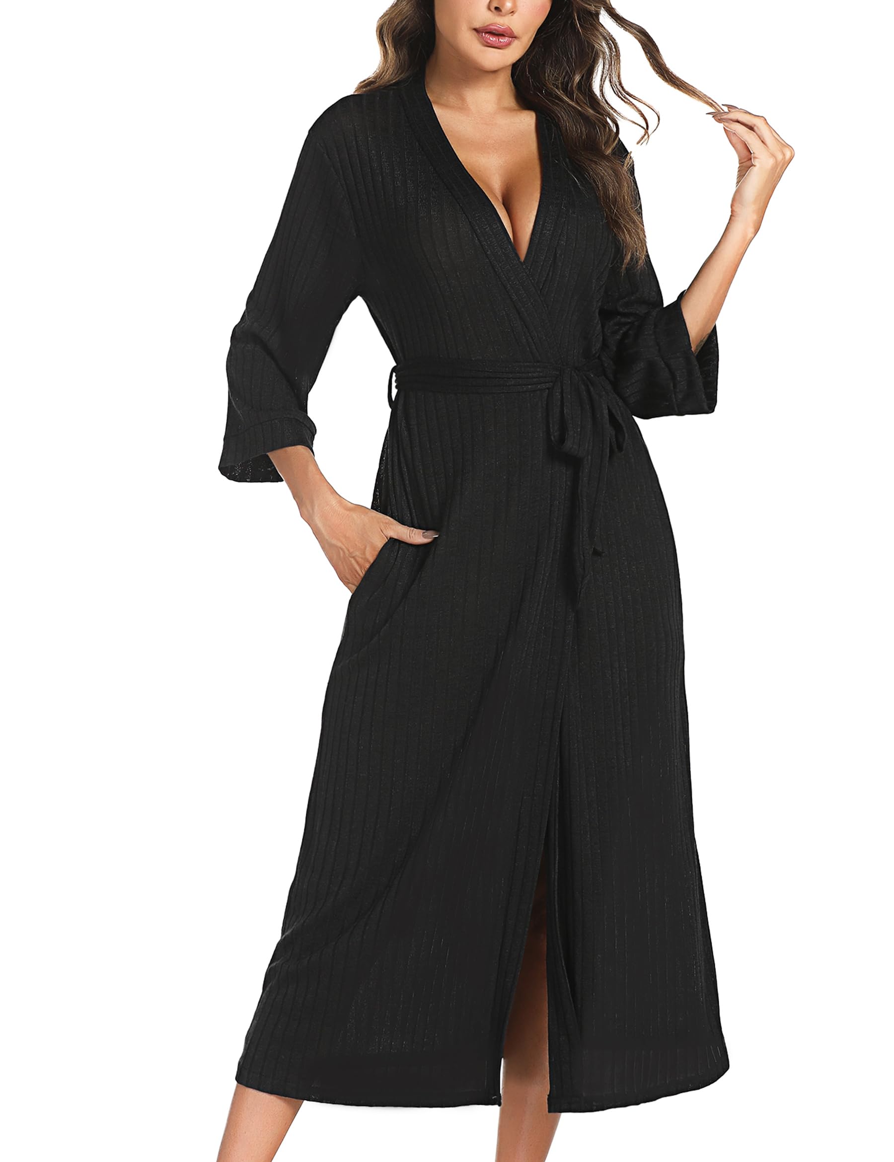 Marvmys Albornoz Mujer Baño Algodón Bata Manga 3/4 Kimono Albornoces Invierno Largo Batas Mujer Cuello V con Cinturón y Bolsillos Robe Femenino S-XXL verde S