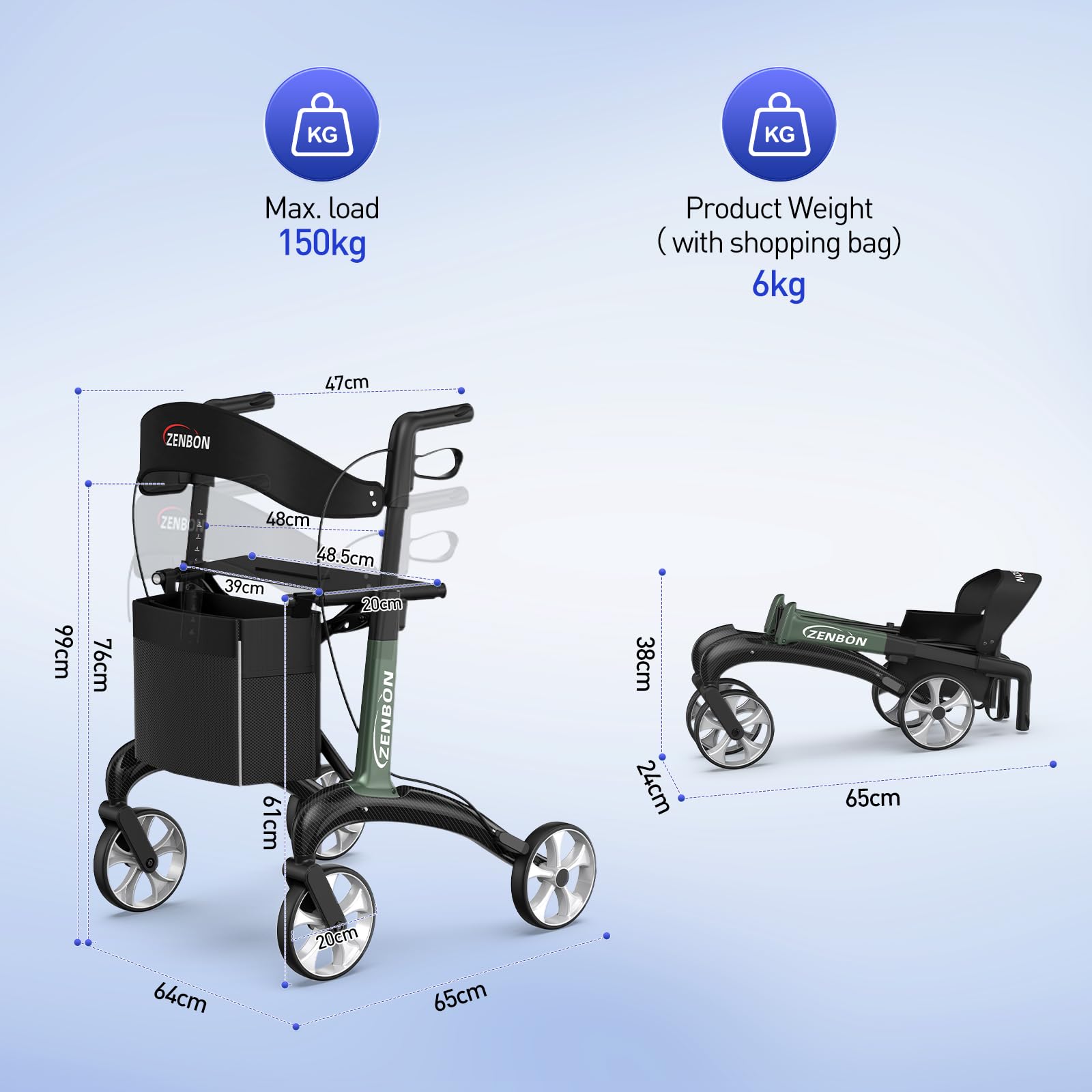 Andador de Carbono Plegable Ultraligero 5.5kg: Andador Plegable y Ligero con Asiento para el Hogar, Andador Plegable para Personas Mayores - Andador Plegable para Interior