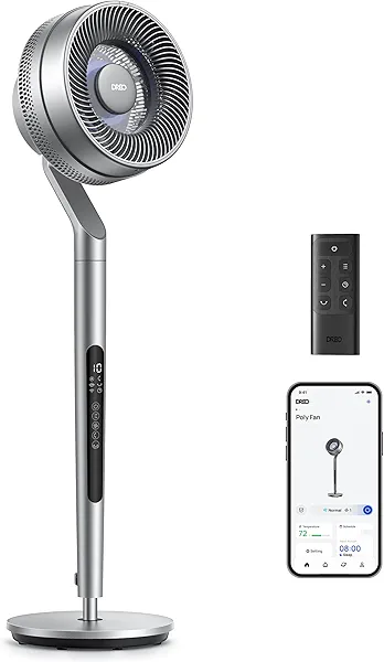 Dreo Smart Pedestal Fan for Bedroom, Wi-Fi/Voice/Alexa Control, 6 Modes,10 Speeds, 12H Timer, 23dB DC Quiet Circulator Fan, 120°+85° Oscillating Fans, 100ft, 40-44" Adjustable Height, Bright Silver