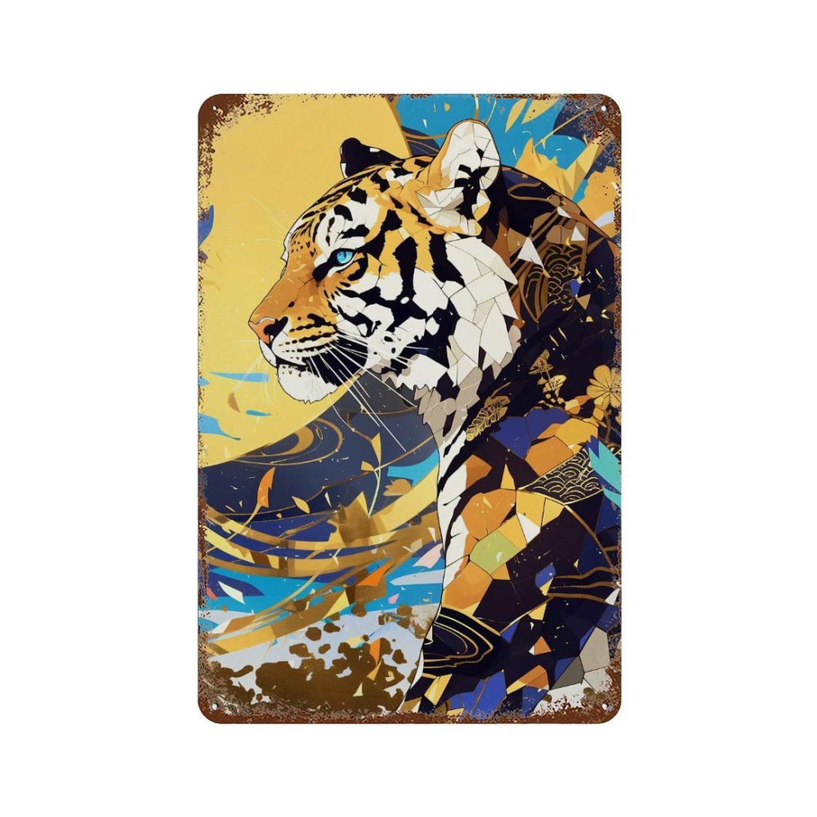 Rust Effect Abstract Tiger Art with Geometric Patterns Rusty Metal Tin Sign 11.8"x7.9", Industrial Home Decor for Living Room, Hallway And Home Decor